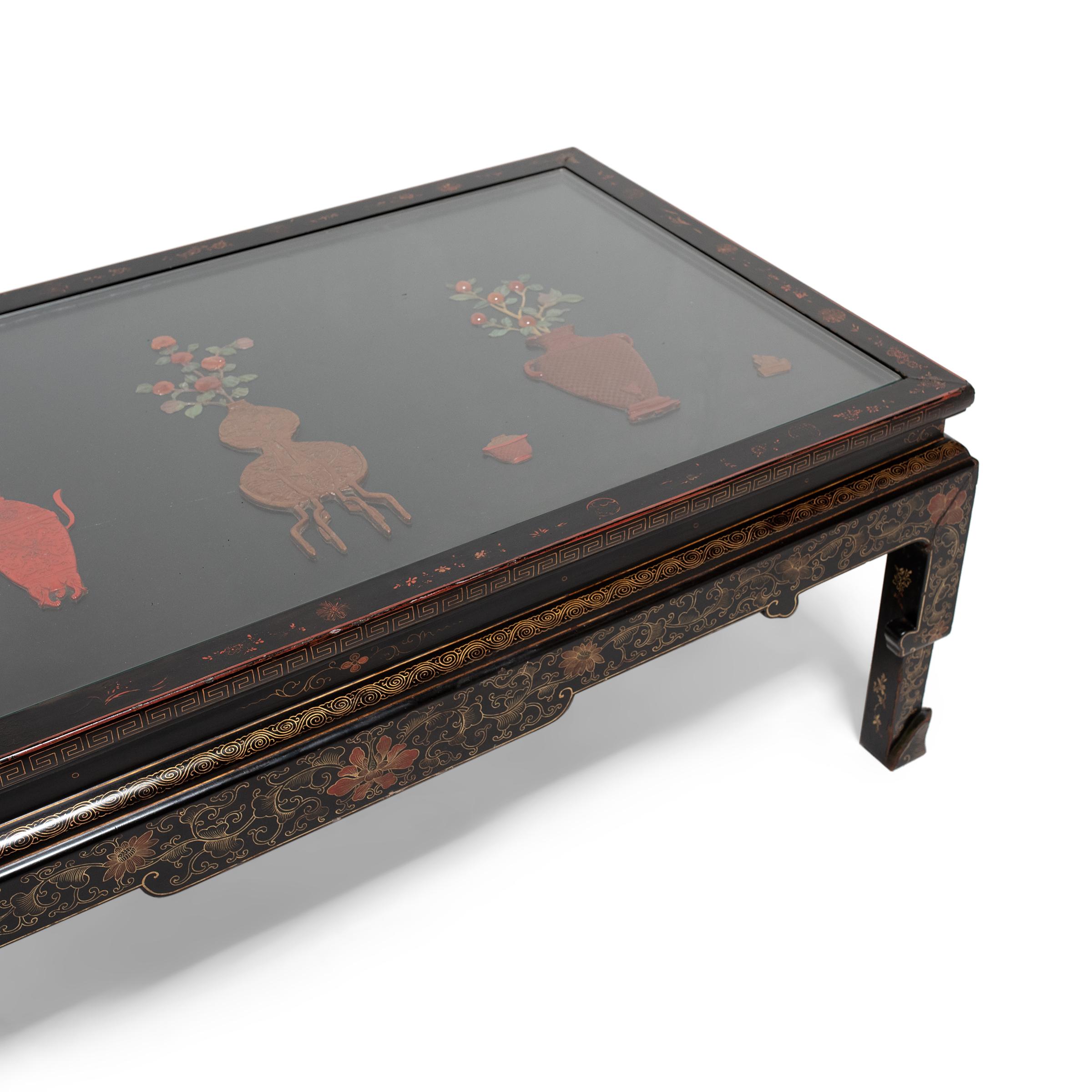 Agate Painted Chinese Kang Table with Stone Inlay, c. 1900 For Sale