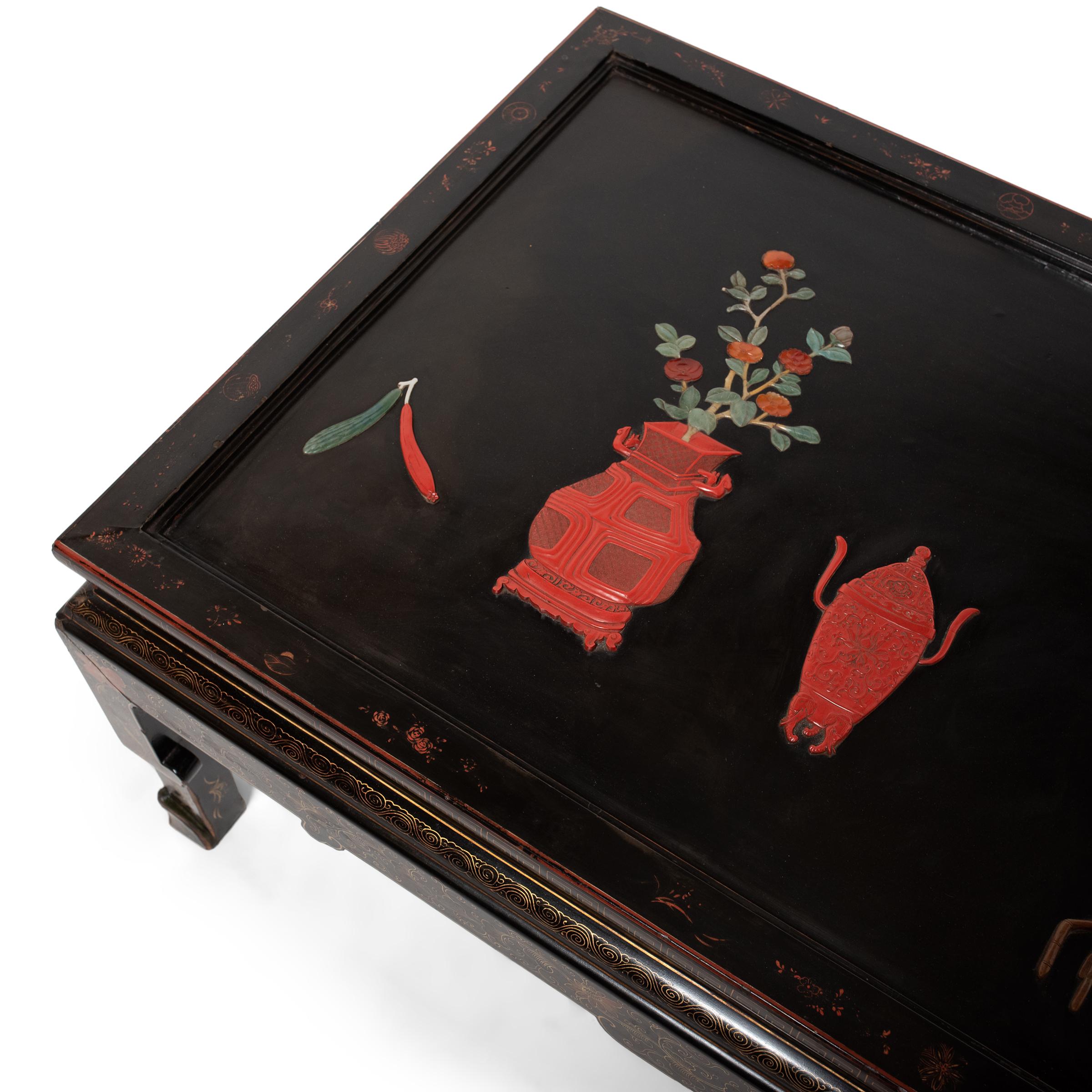 Painted Chinese Kang Table with Stone Inlay, c. 1900 For Sale 1