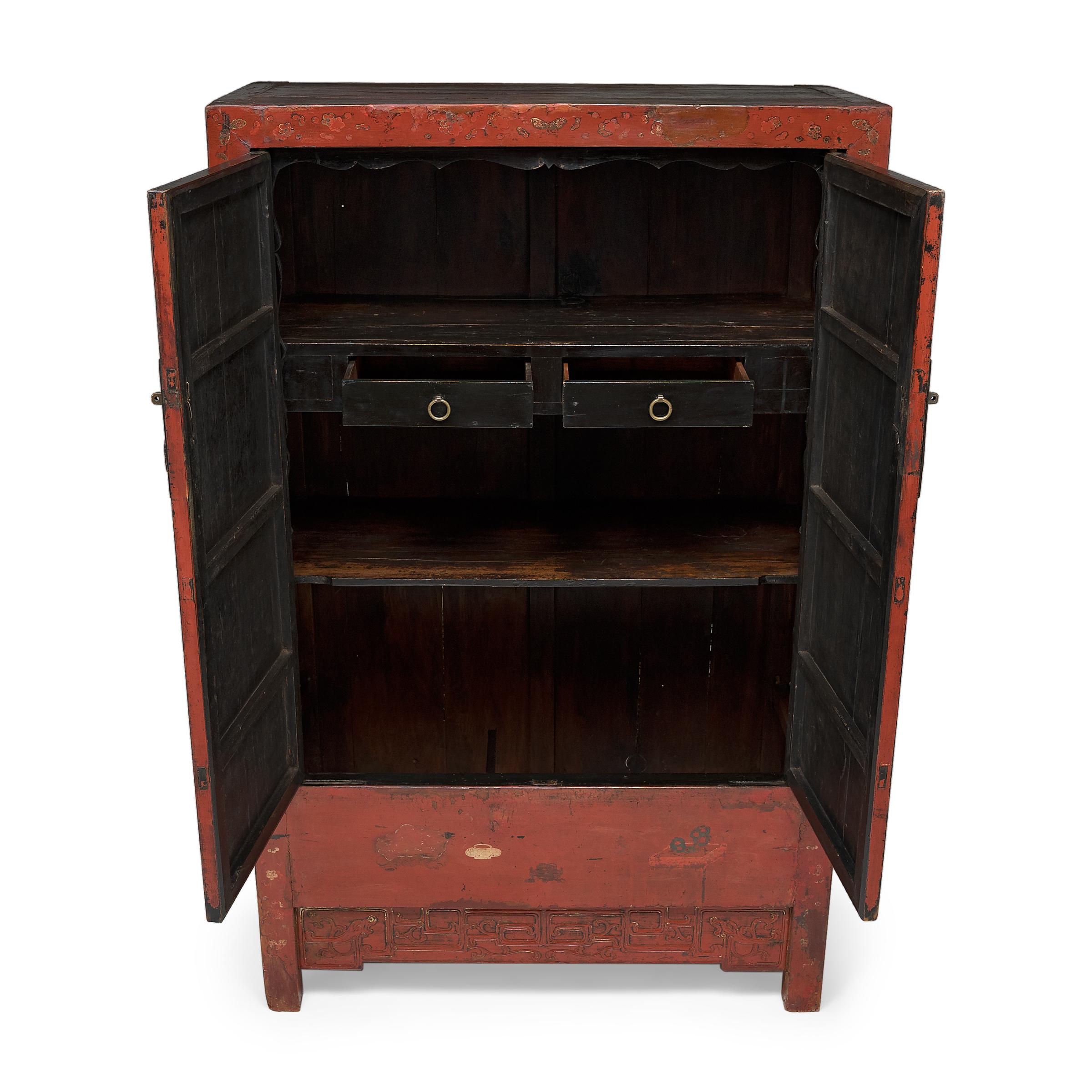 Painted Chinese Red Lacquer Cabinet, c. 1850 In Good Condition For Sale In Chicago, IL