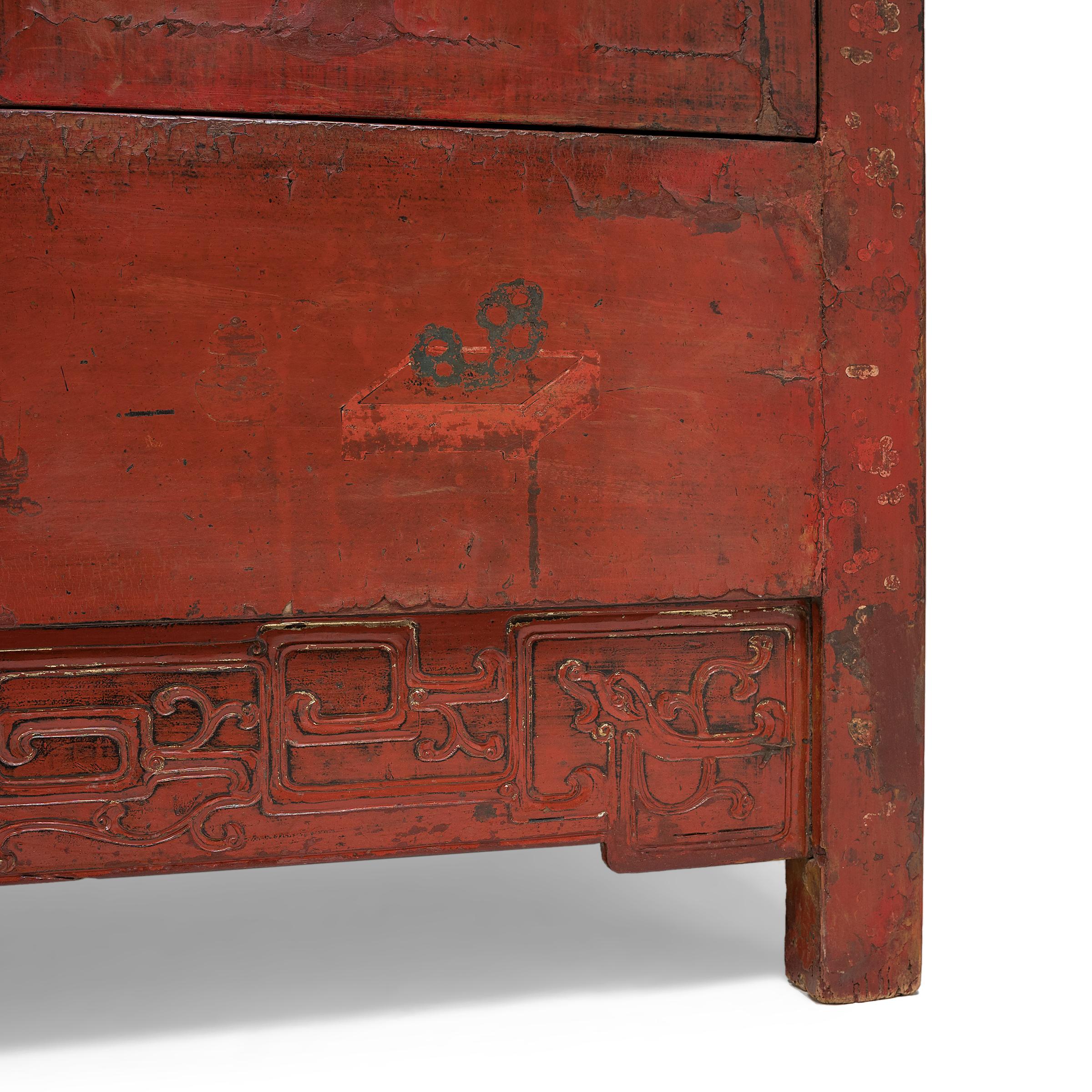 Painted Chinese Red Lacquer Wedding Cabinet, c. 1850 For Sale 2