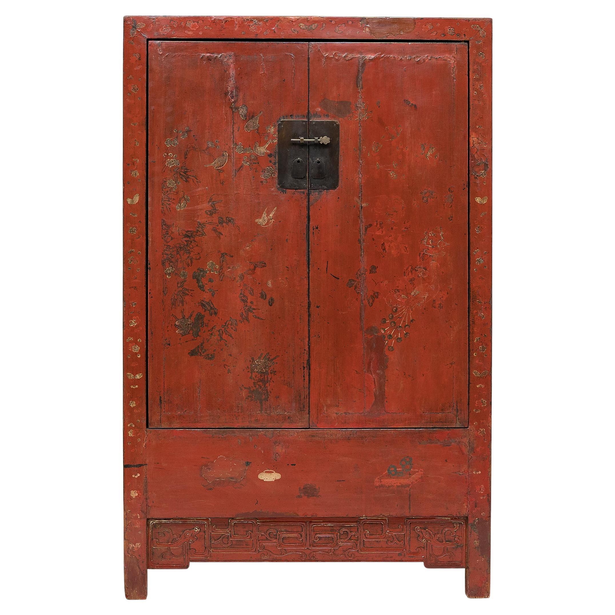 Painted Chinese Red Lacquer Wedding Cabinet, c. 1850 For Sale