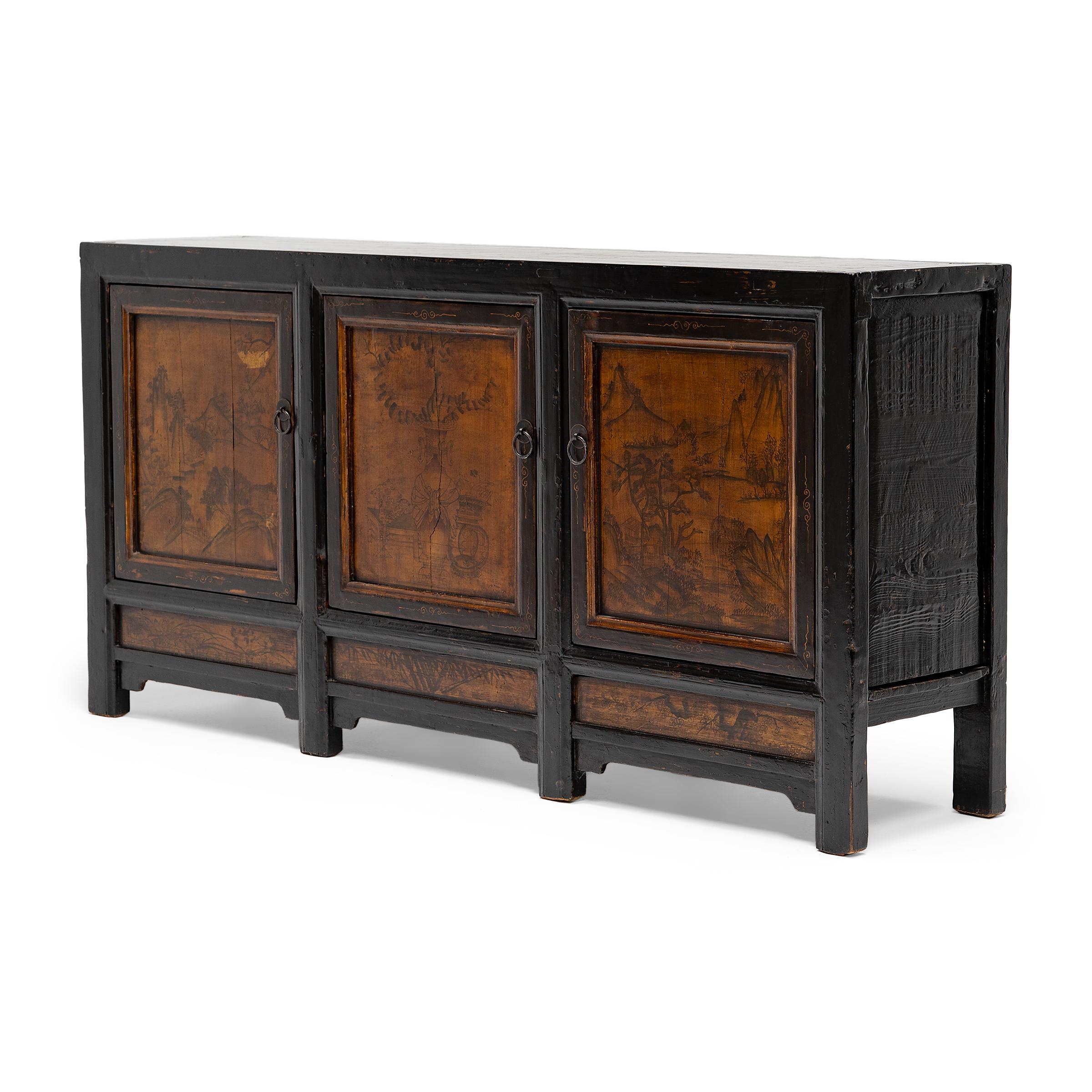 Painted Chinese Three Door Coffer, c. 1850 In Good Condition In Chicago, IL