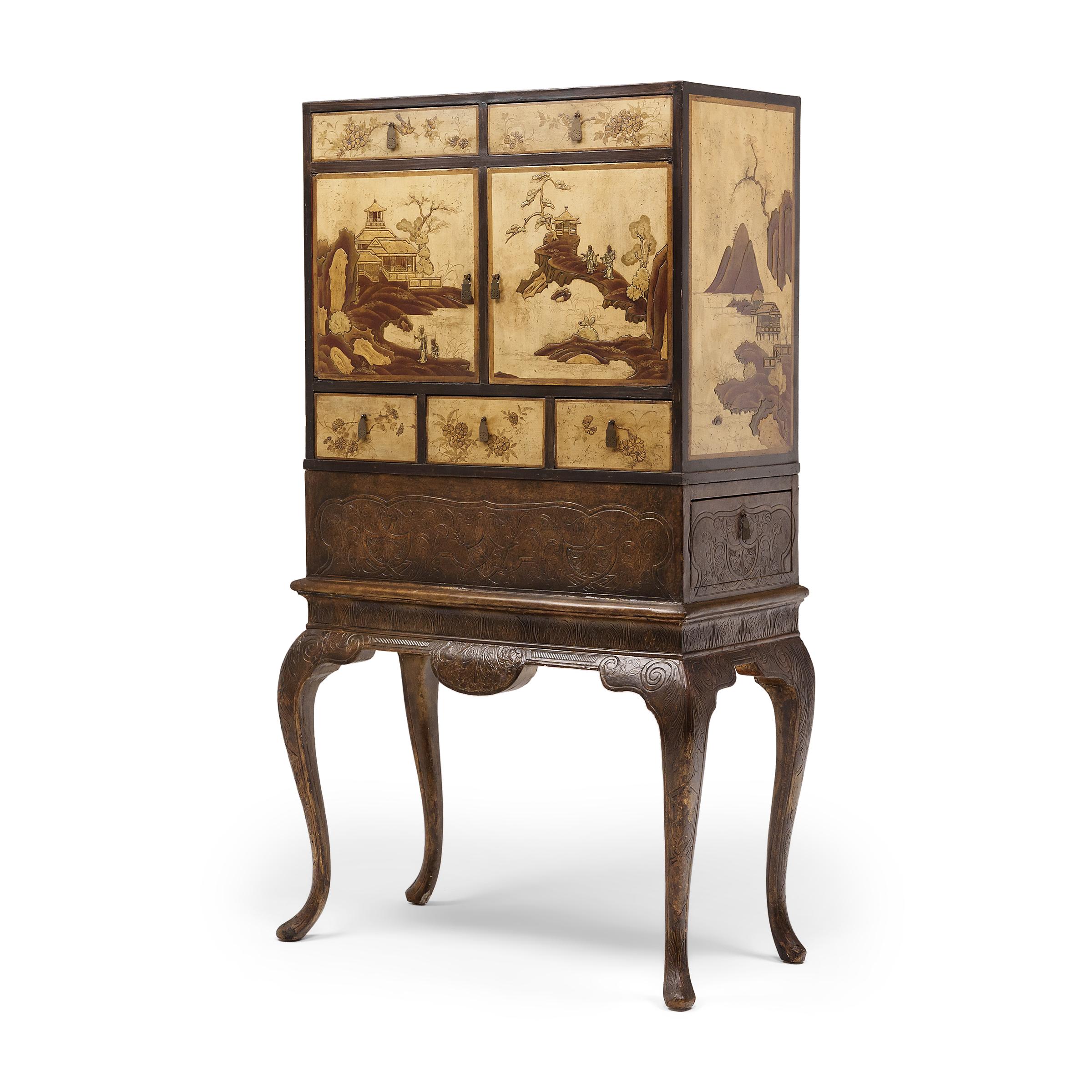British Painted Chinoiserie Bar Cabinet on Cabriole Stand