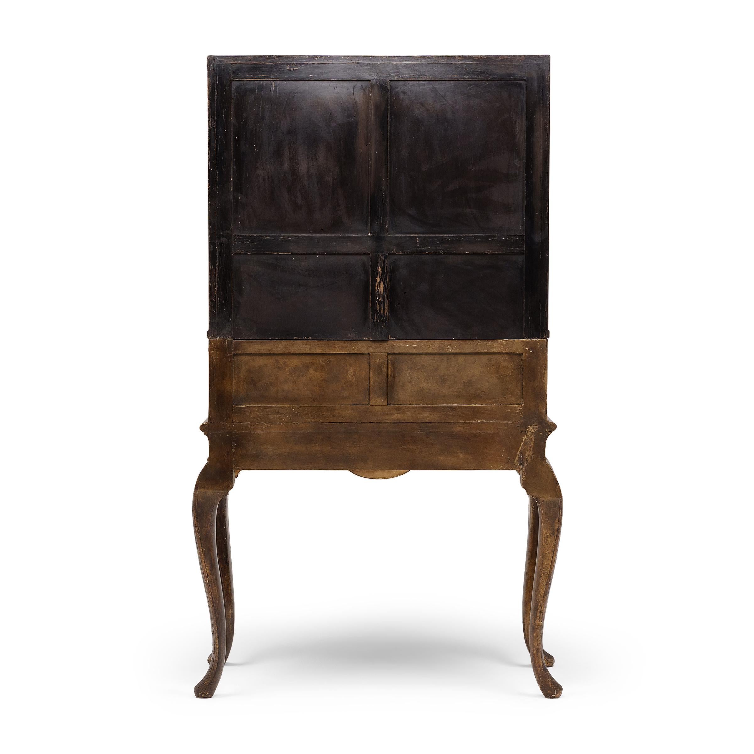 Lacquered Painted Chinoiserie Bar Cabinet on Cabriole Stand