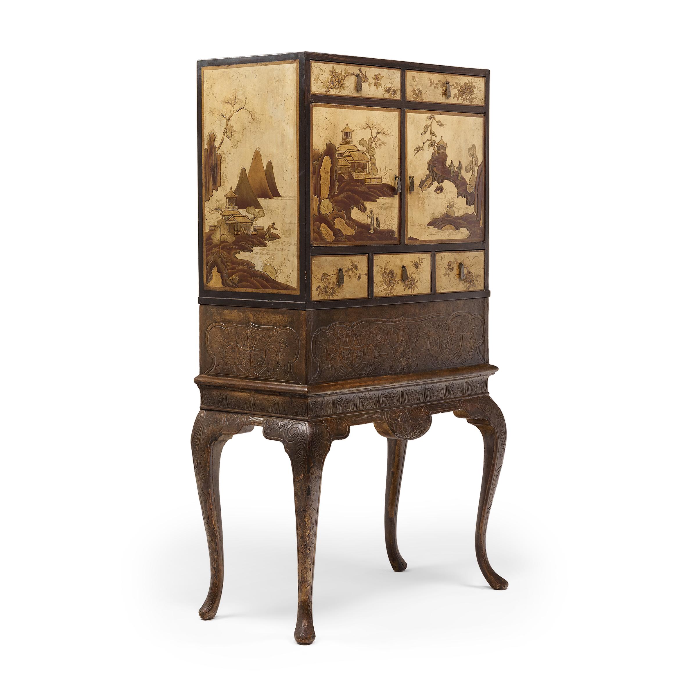 Painted Chinoiserie Bar Cabinet on Cabriole Stand In Good Condition In Chicago, IL
