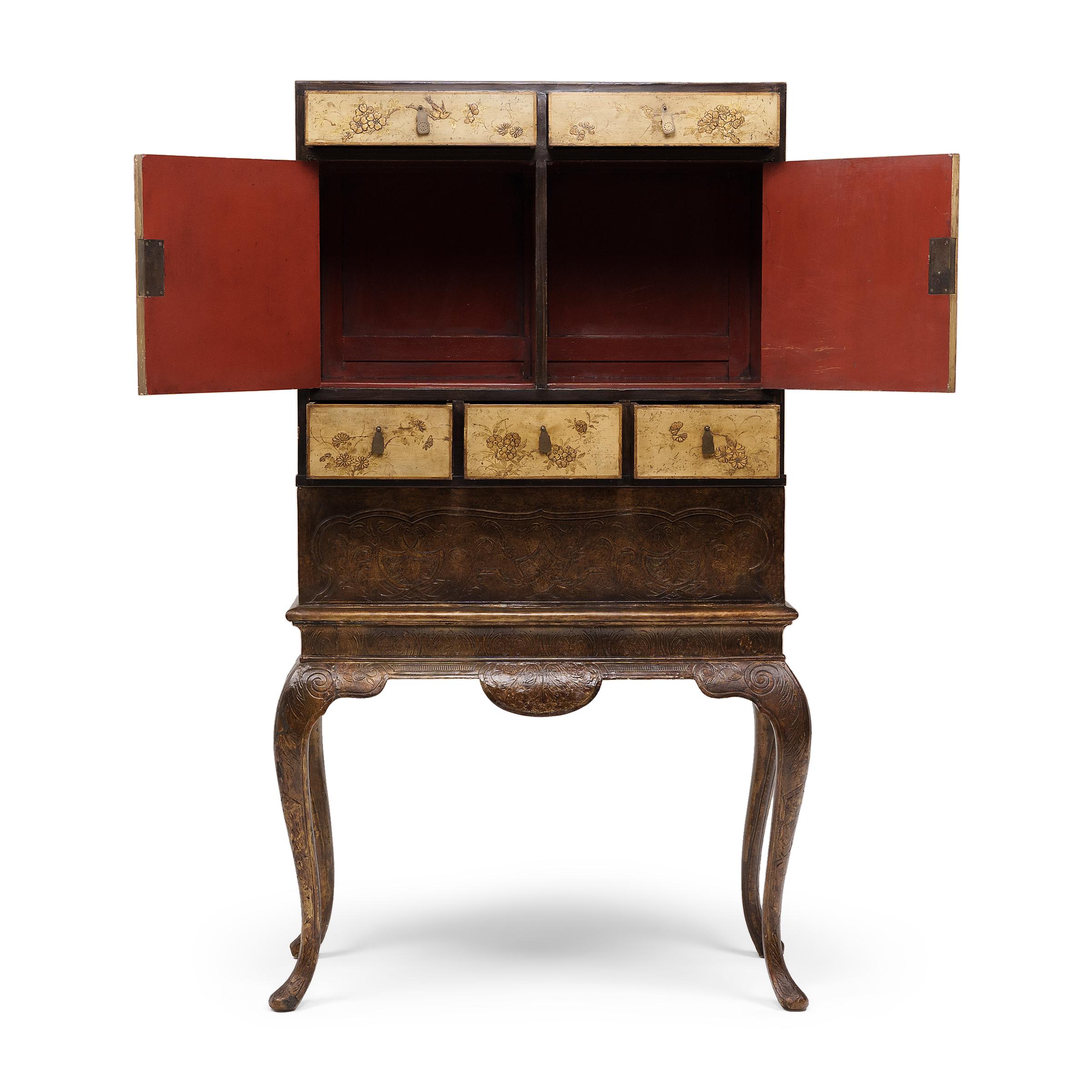 20th Century Painted Chinoiserie Bar Cabinet on Cabriole Stand