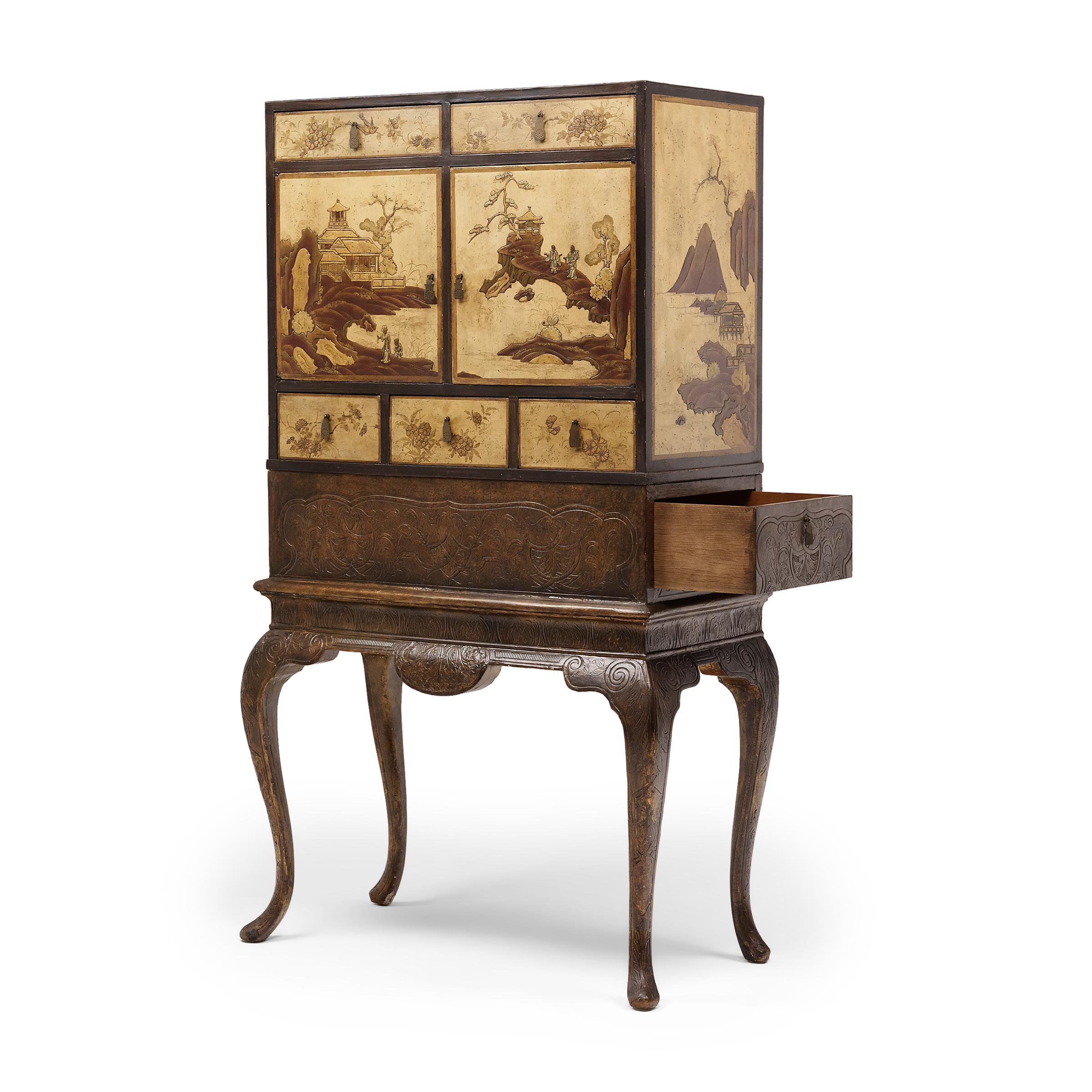 Gesso Painted Chinoiserie Bar Cabinet on Cabriole Stand