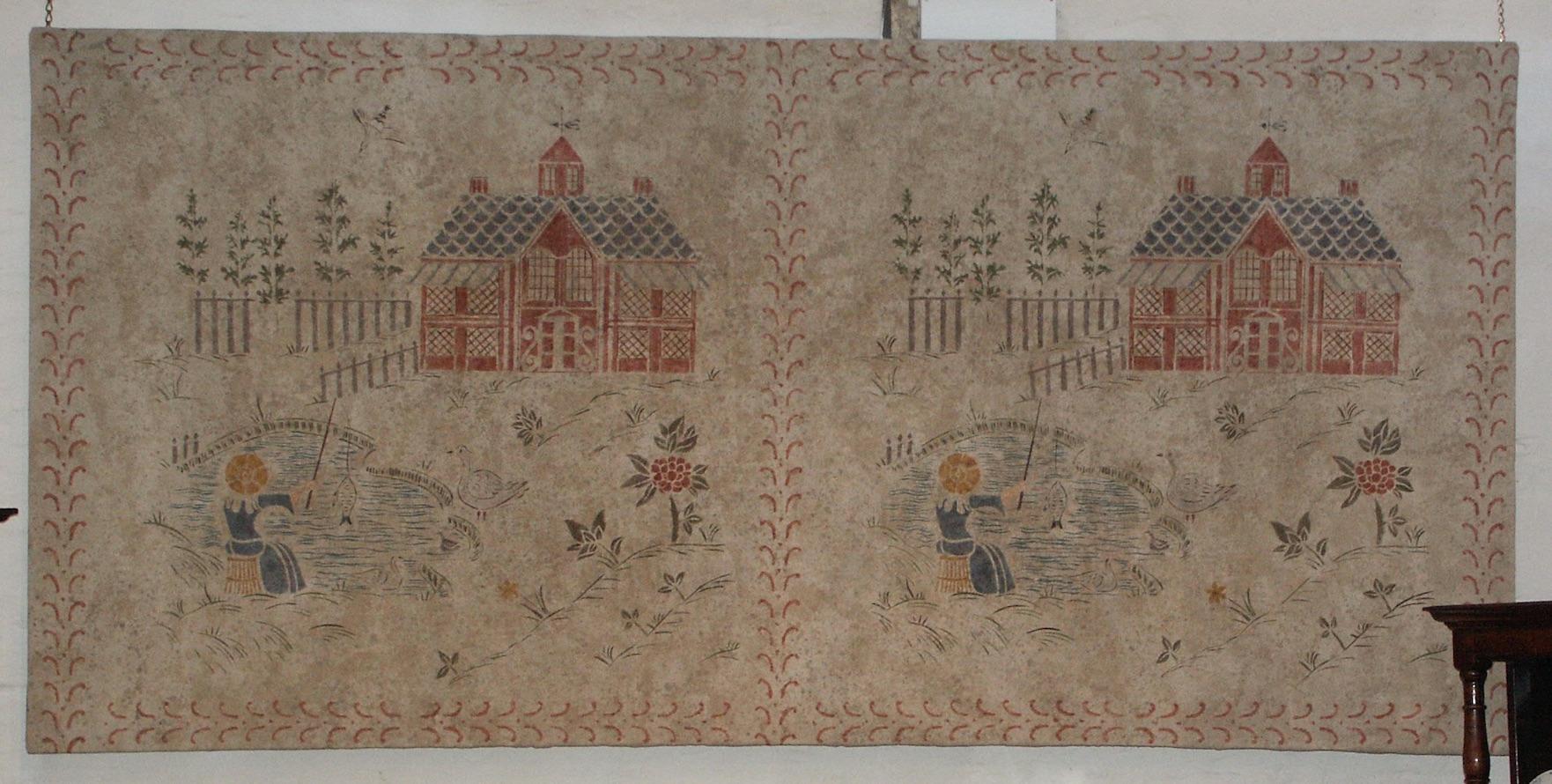 Painted cloths were fashionable wall-hangings in the 17th century as they much cheaper than tapestries and woven textiles. Very few survive from this period and there was a revival of interest and popularity in them in the late 19th and early 20th