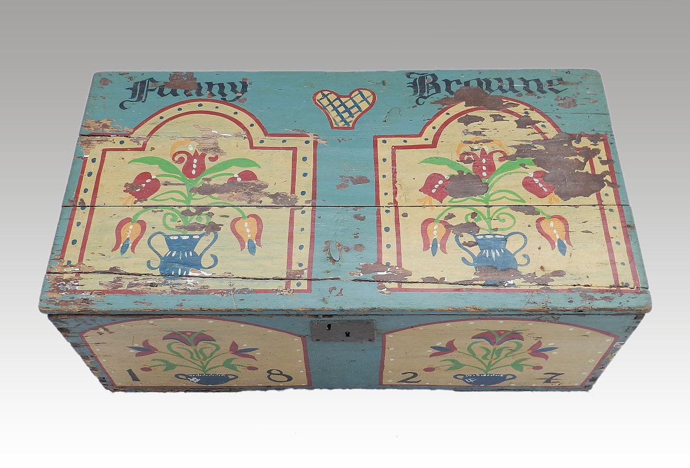 Painted Coffer Folk Art 19th Century Pine Blanket Chest Bout de Lit 1