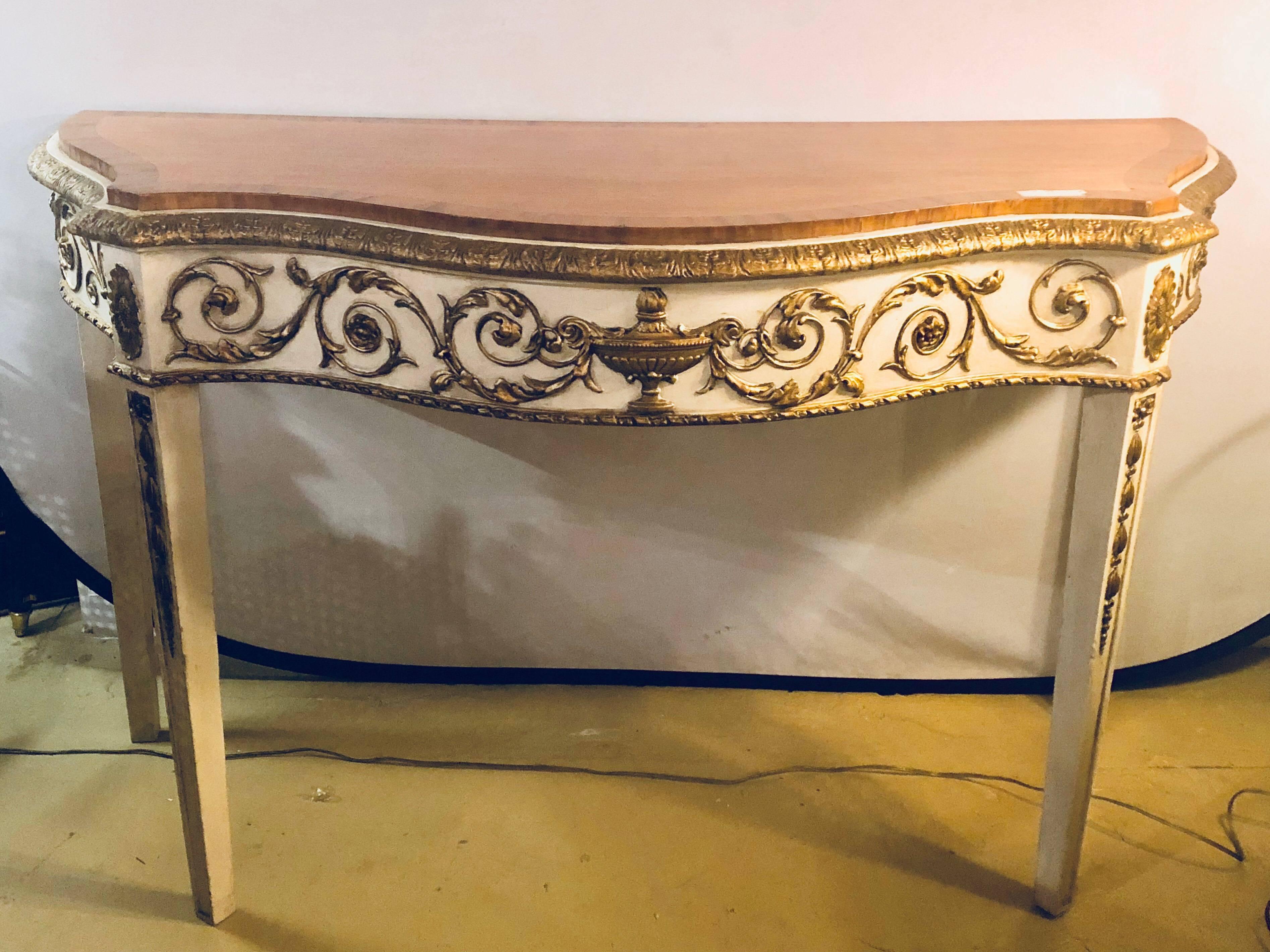 A painted console or demilune table fine wood top Louis XV style by Maison Jansen. Parcel-gilt and paint decorated with a banded walnut tabletop.