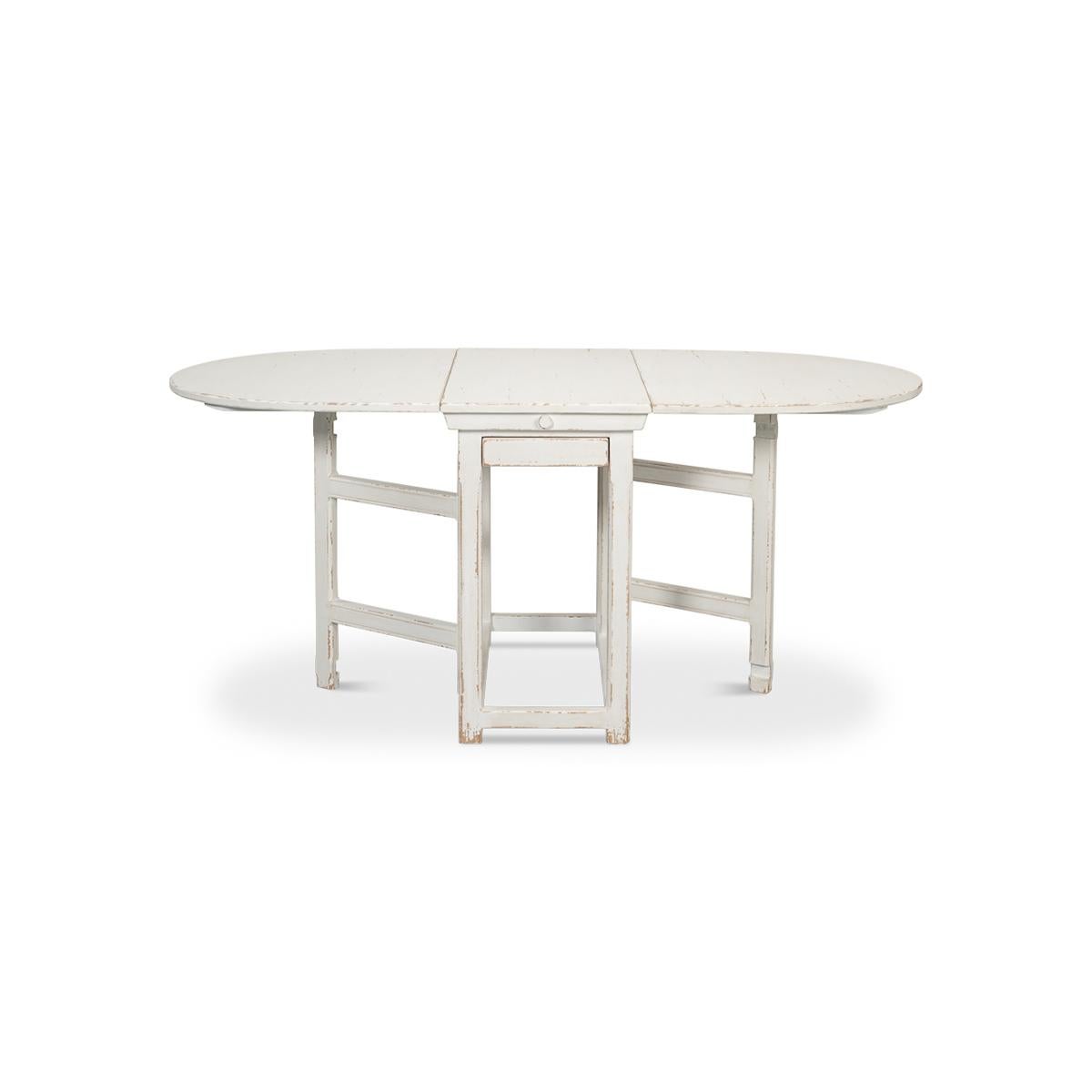 With an initial compact width of 18 inches, this rustic whitewash-painted table gracefully expands to an impressive 69 inches in length. 

The journey from a chic rectangle to an oval shape is both effortless and visually stunning, thanks to its
