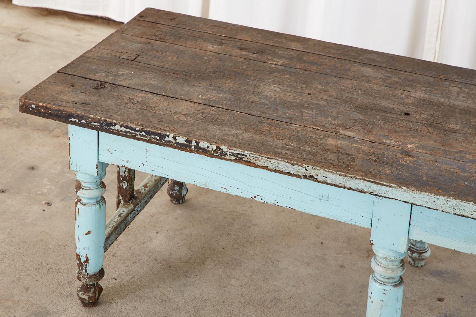 Painted Country English Oak Farmhouse Potting Work Table In Distressed Condition In Rio Vista, CA