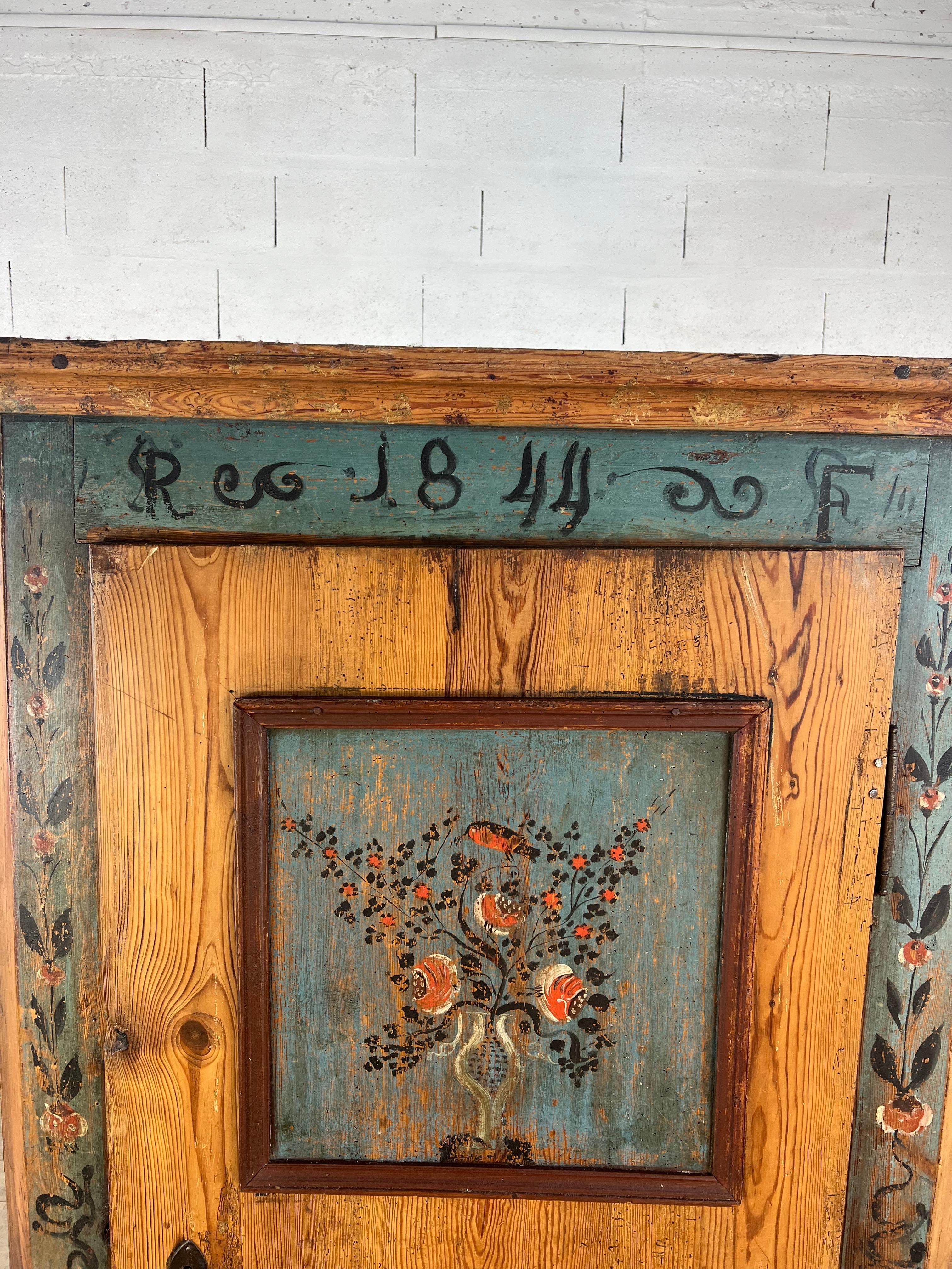 19th Century Painted cupboard – Floral bonnetiere – 1844 For Sale