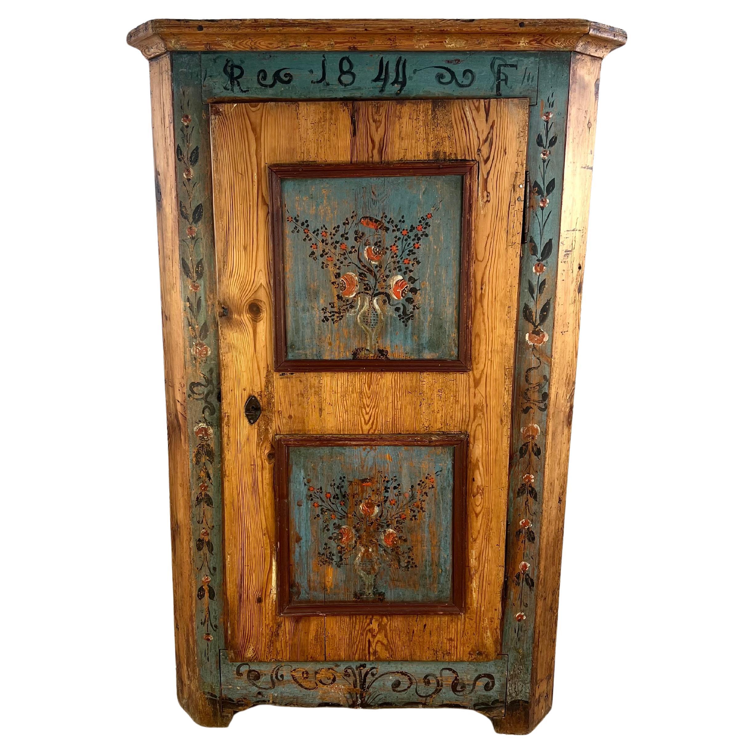 Painted cupboard – Floral bonnetiere – 1844 For Sale