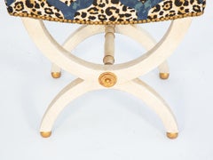 Painted Curule Bench with Gilt Accents Upholstered with Leopard Print Fabric