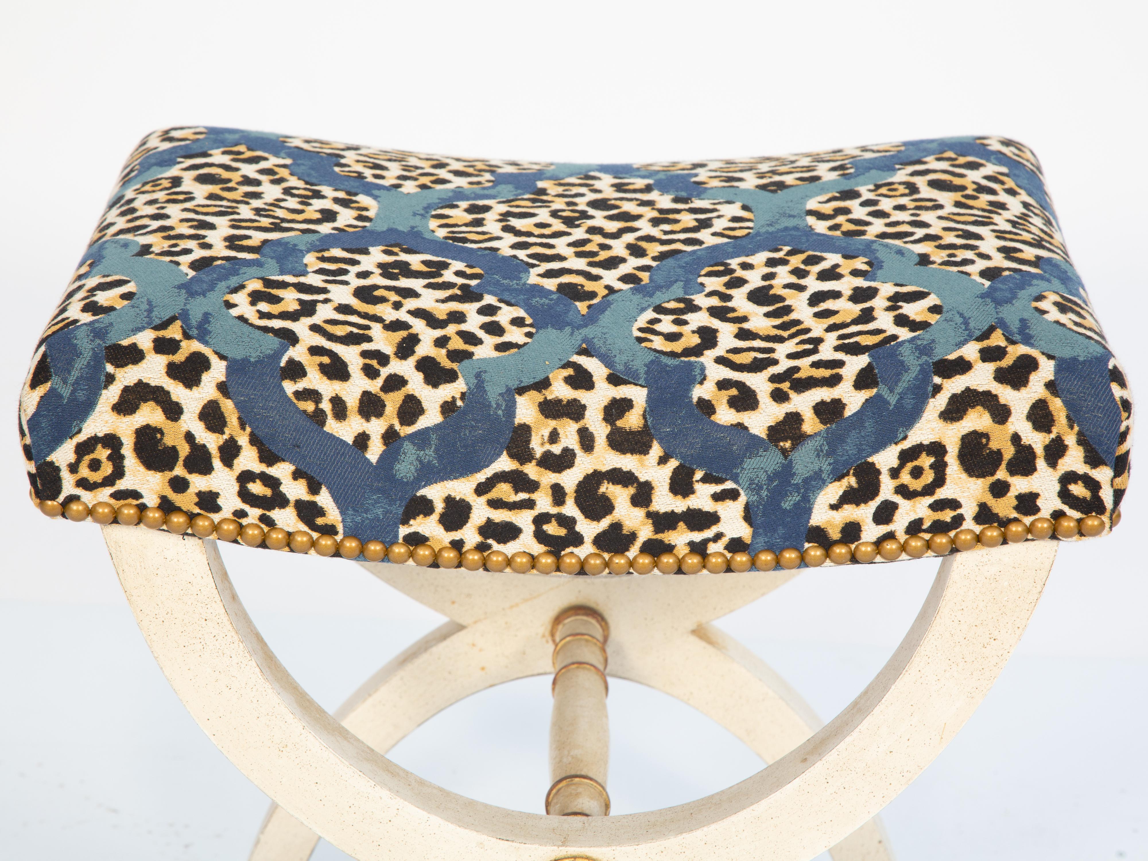 Italian Painted Curule Bench with Gilt Accents Upholstered with Leopard Print Fabric