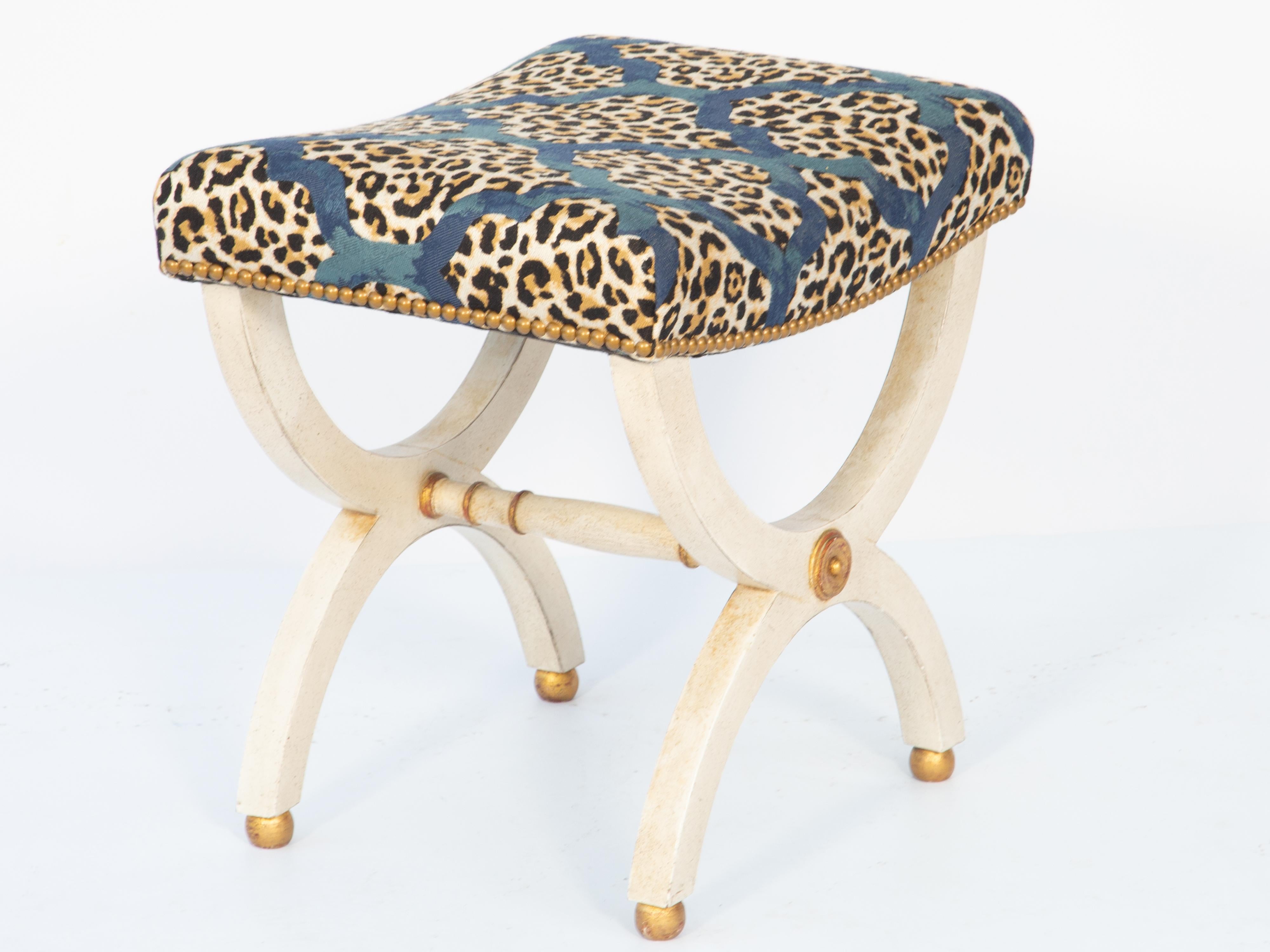 Wood Painted Curule Bench with Gilt Accents Upholstered with Leopard Print Fabric
