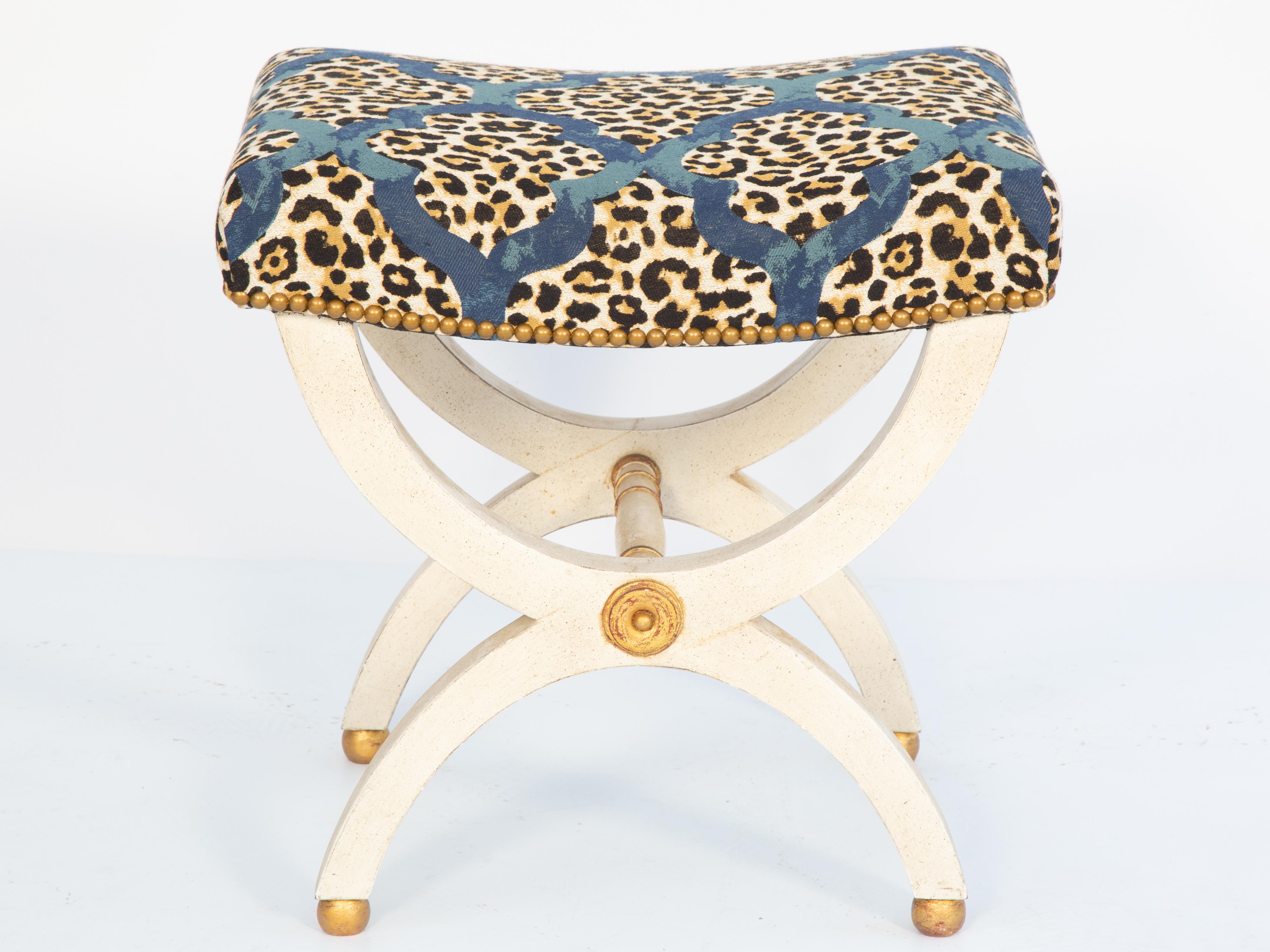 Painted Curule Bench with Gilt Accents Upholstered with Leopard Print Fabric 1