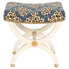 Painted Curule Bench with Gilt Accents Upholstered with Leopard Print Fabric
