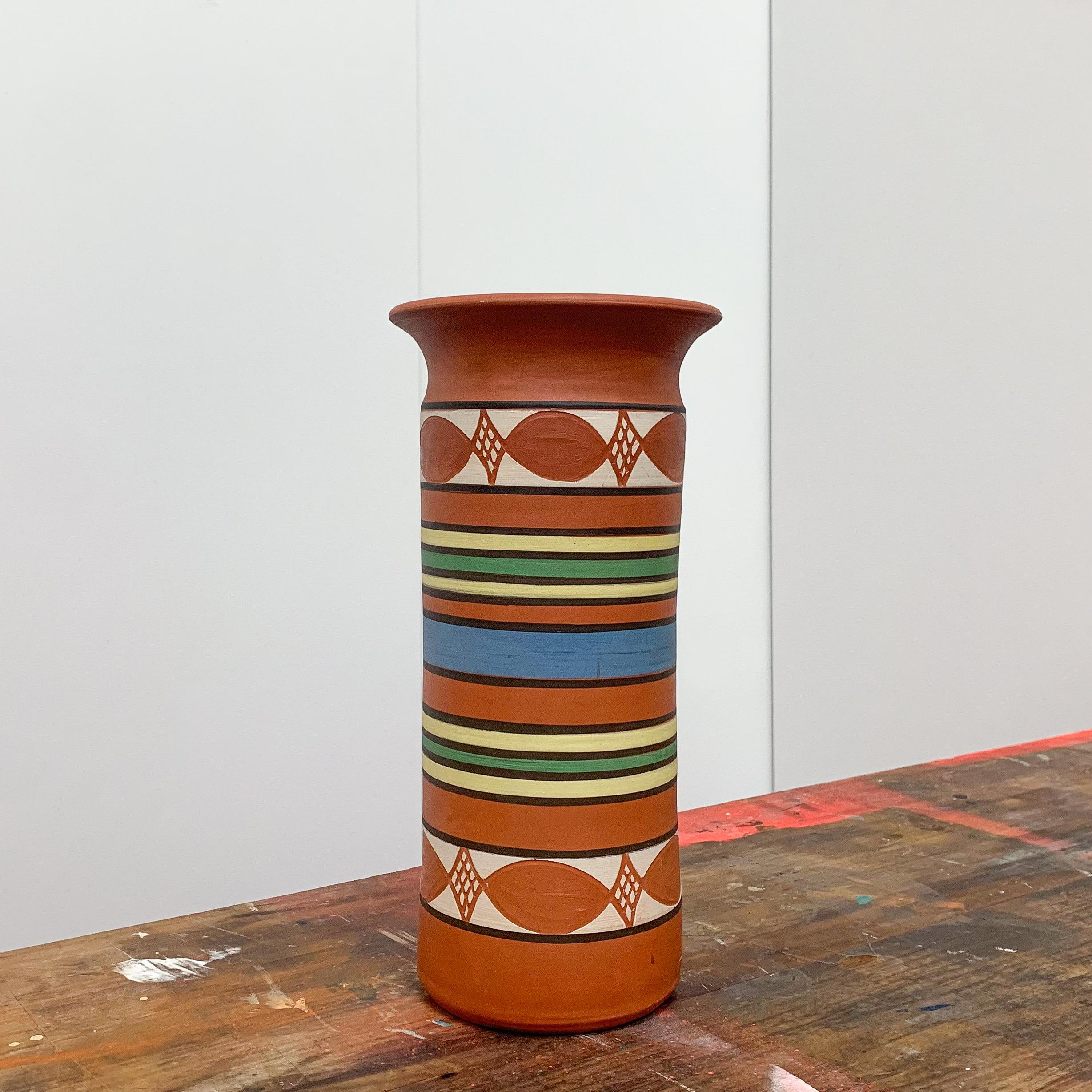 Painted cylindrical signed terracotta vase - French, c1960s.

Signed, but unidentified.