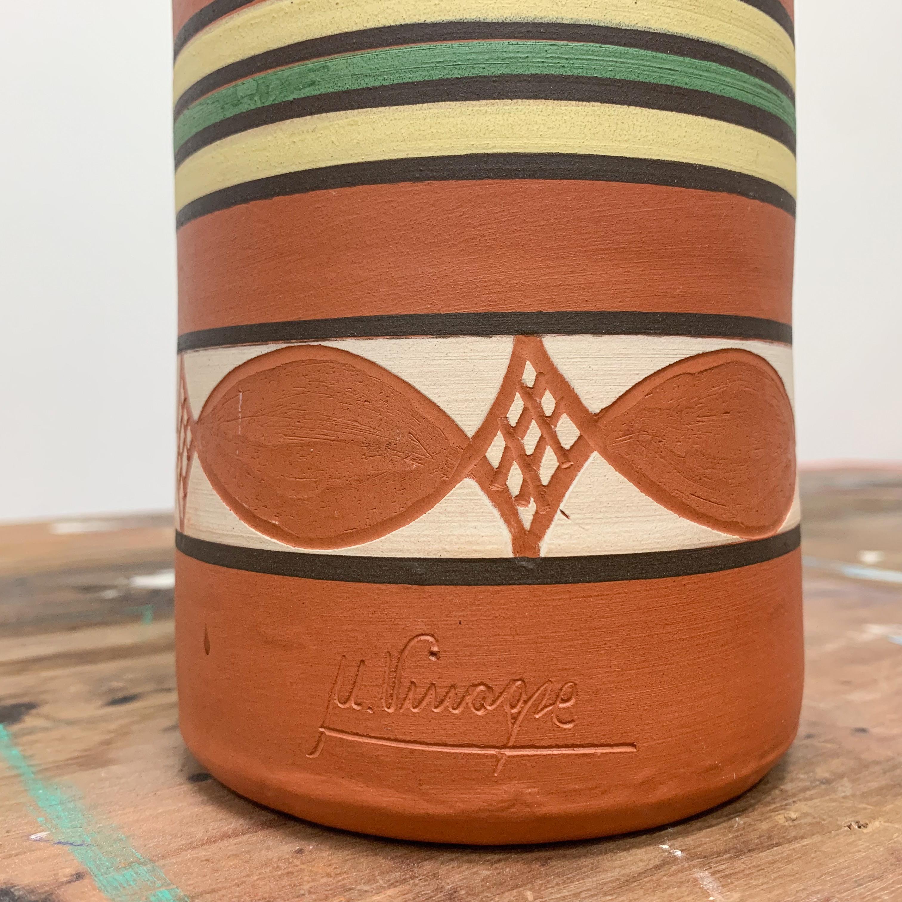 Painted Cylindrical Signed Terracotta Vase, French, C1960s In Good Condition In London, GB