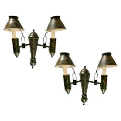 Painted Dark Green Tole Sconces with Gilt Details