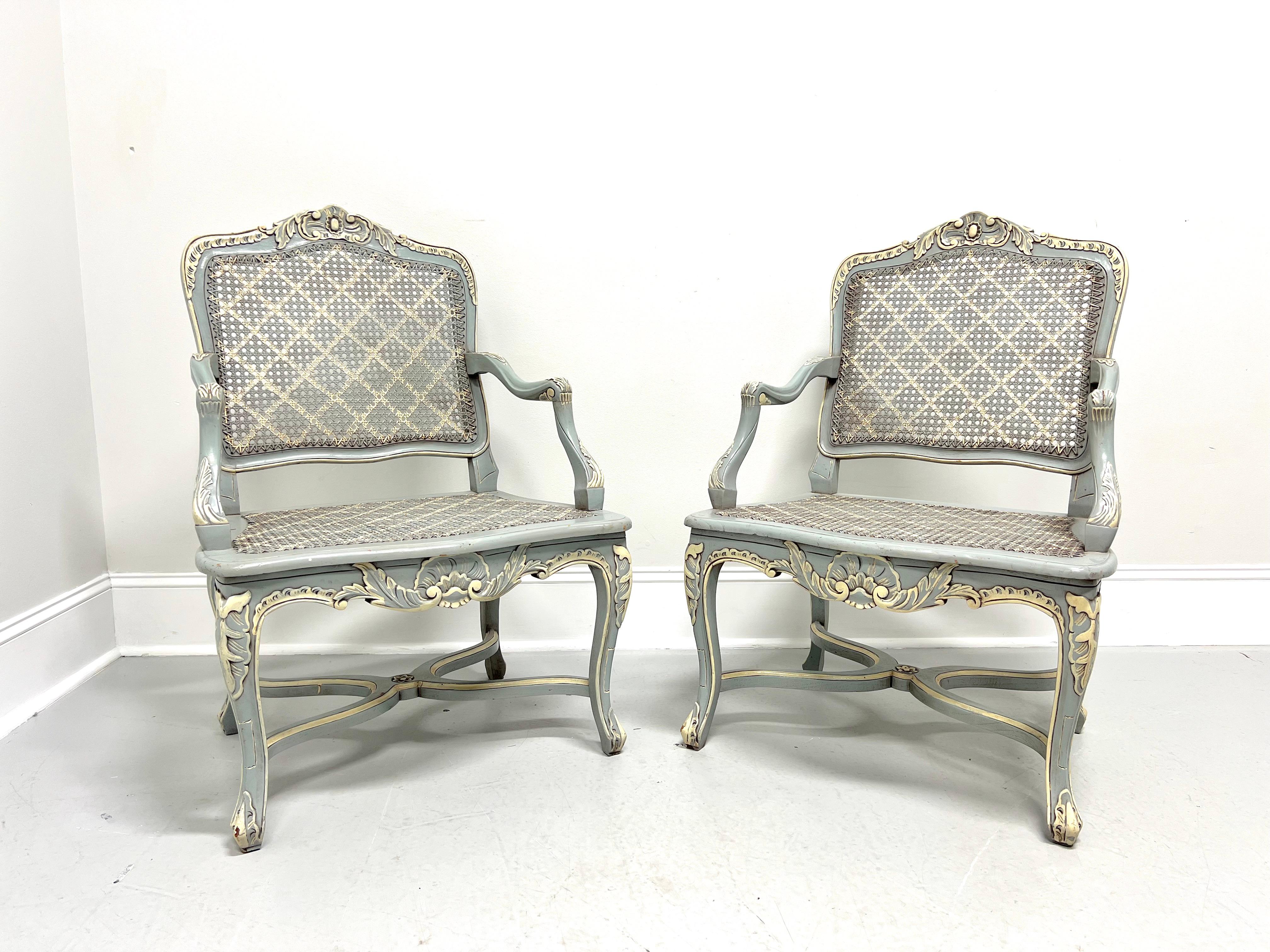 Painted Distressed Pale Blue & Ivory French Louis XV Caned Armchairs - Pair 7