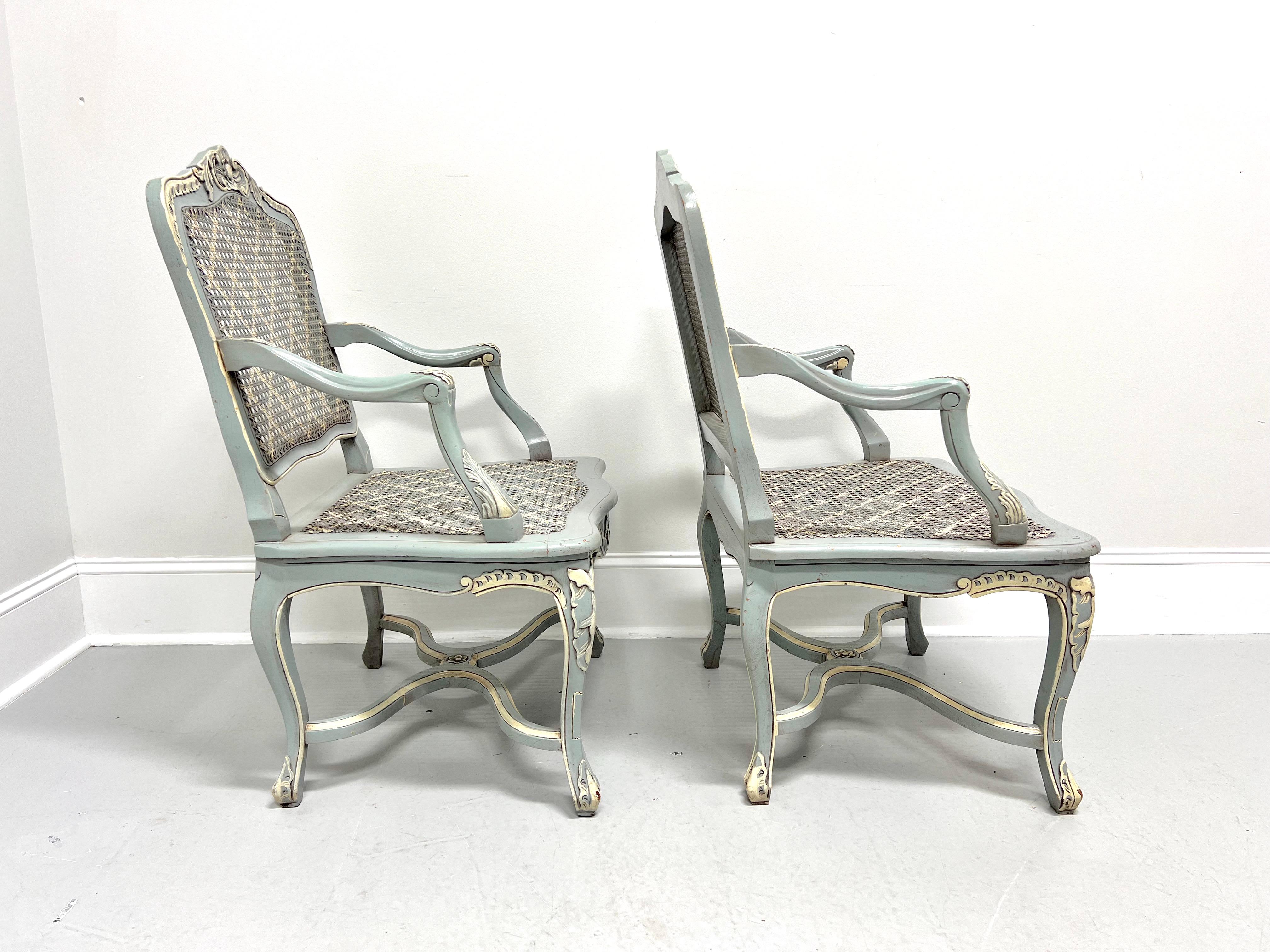 American Painted Distressed Pale Blue & Ivory French Louis XV Caned Armchairs - Pair