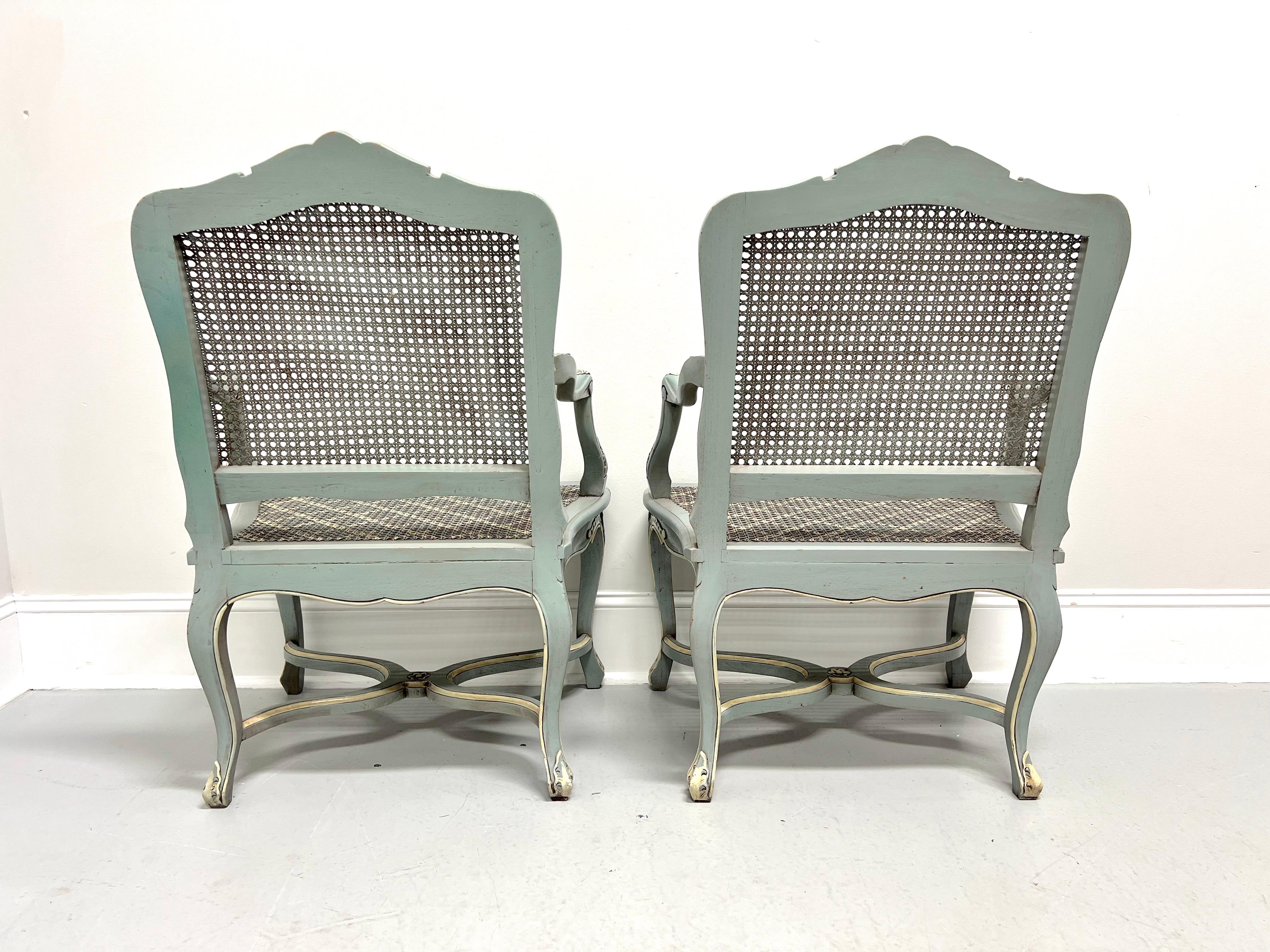 Painted Distressed Pale Blue & Ivory French Louis XV Caned Armchairs - Pair In Good Condition In Charlotte, NC