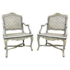 Painted Distressed Pale Blue & Ivory French Louis XV Caned Armchairs - Pair