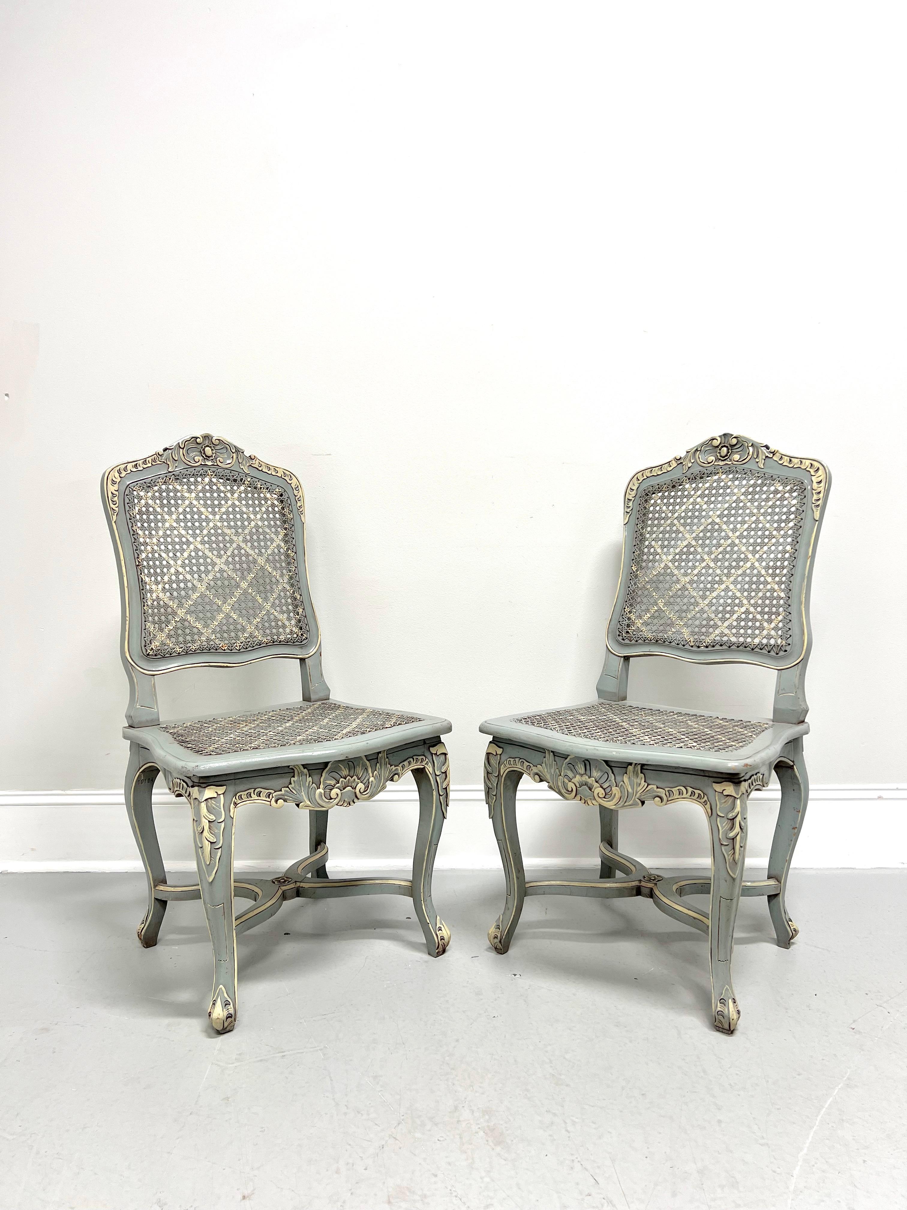 Painted Distressed Pale Blue & Ivory French Louis XV Caned Side Chairs - Pair 6