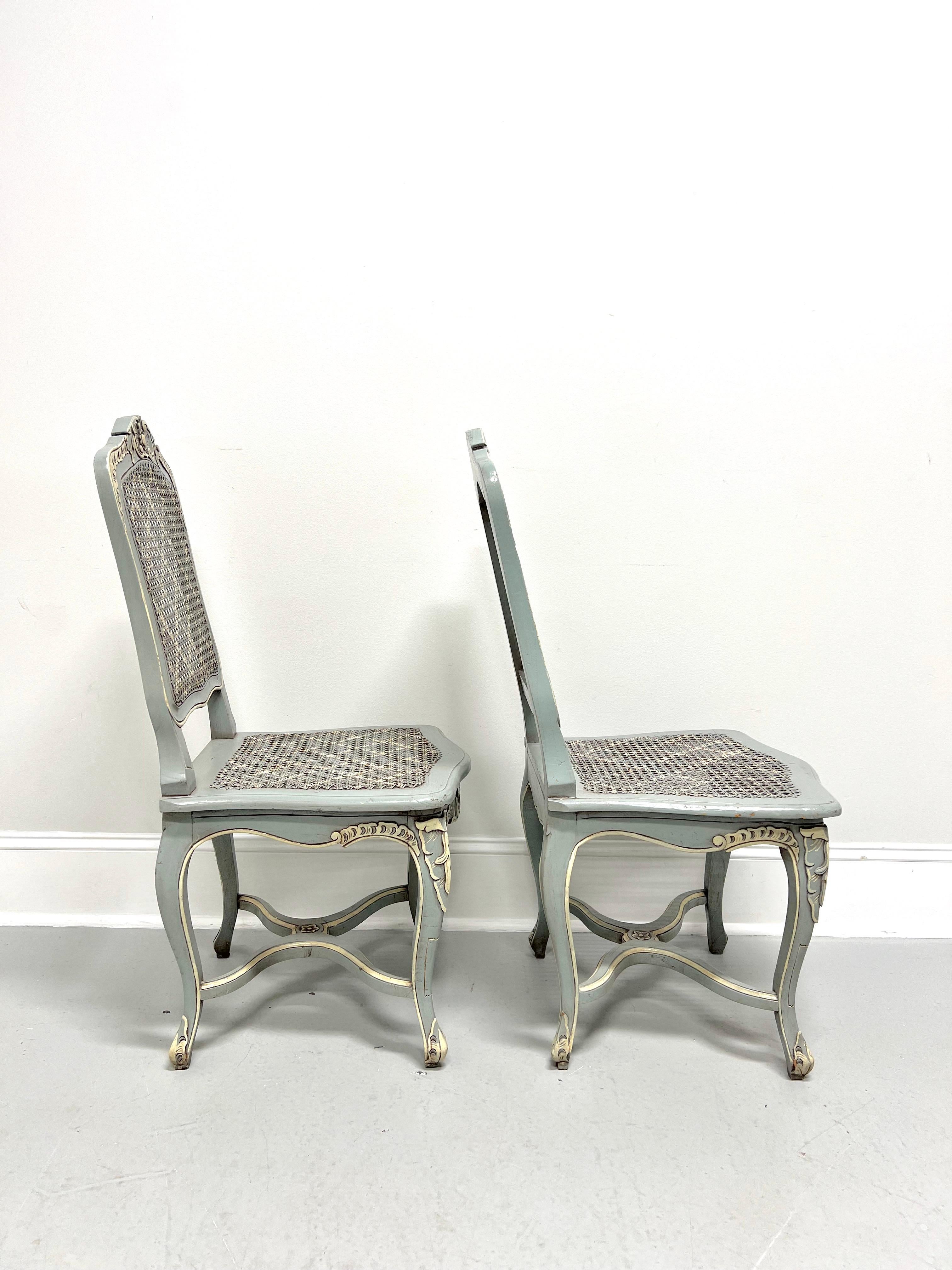 American Painted Distressed Pale Blue & Ivory French Louis XV Caned Side Chairs - Pair