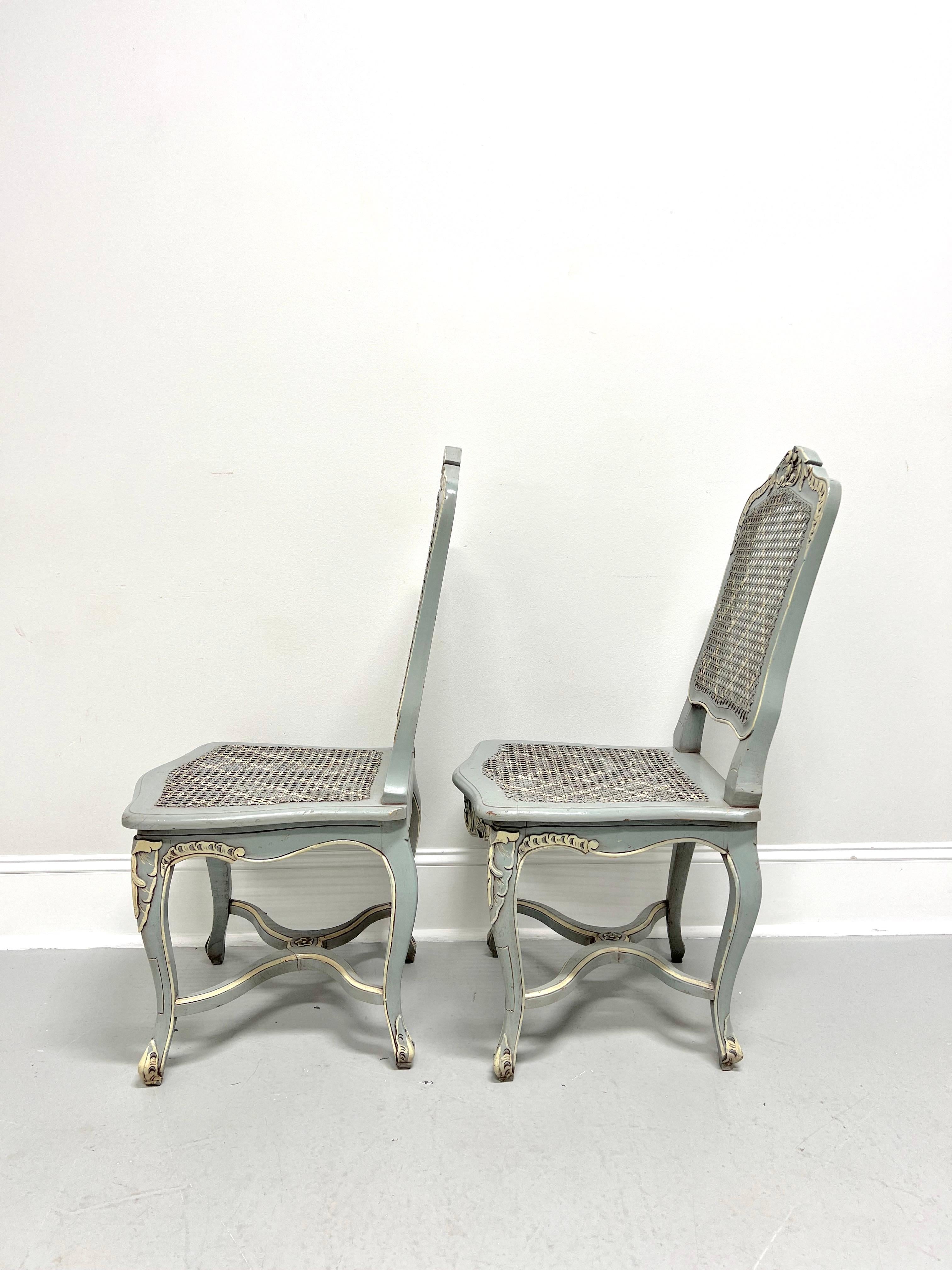 20th Century Painted Distressed Pale Blue & Ivory French Louis XV Caned Side Chairs - Pair