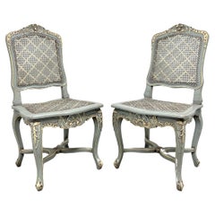 Painted Distressed Pale Blue & Ivory French Louis XV Caned Side Chairs - Pair