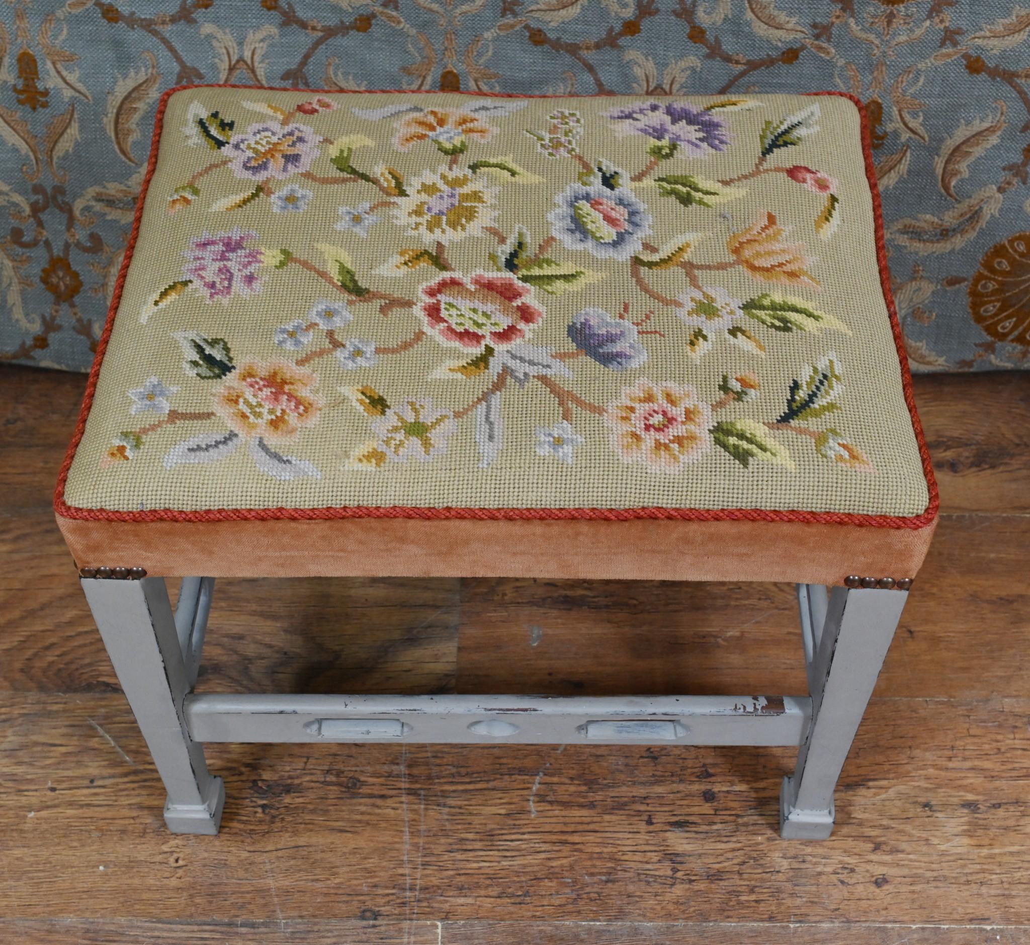 Late 20th Century Painted Edwardian Stool Tapestry Needlepoint For Sale