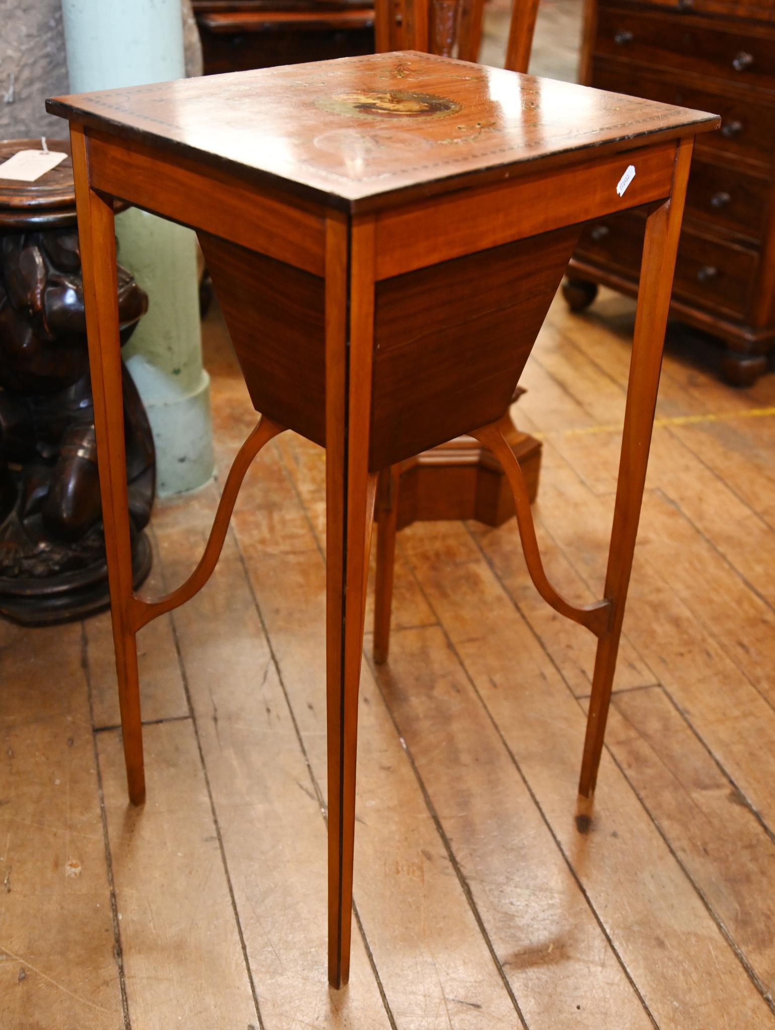 Finely painted satinwood Edwardian lift up lid sewing/work box
Circa 1910
Lovely painted details include floral sprays and a female portrait
Lid lifts up to reveal all the compartments and storage
Bought from a private house sale in London's Queen's