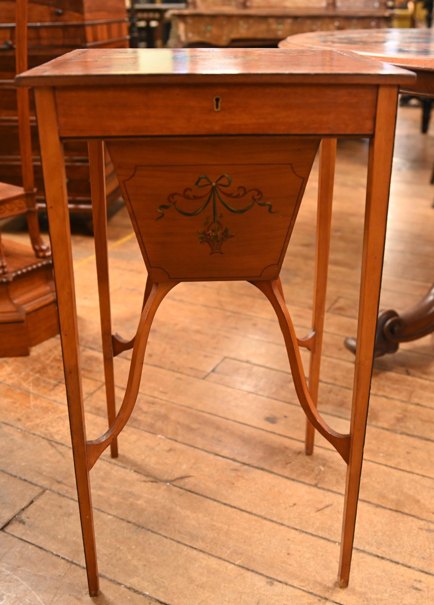 Early 20th Century Painted Edwardian Work Box Side Table Satinwood 1910 For Sale