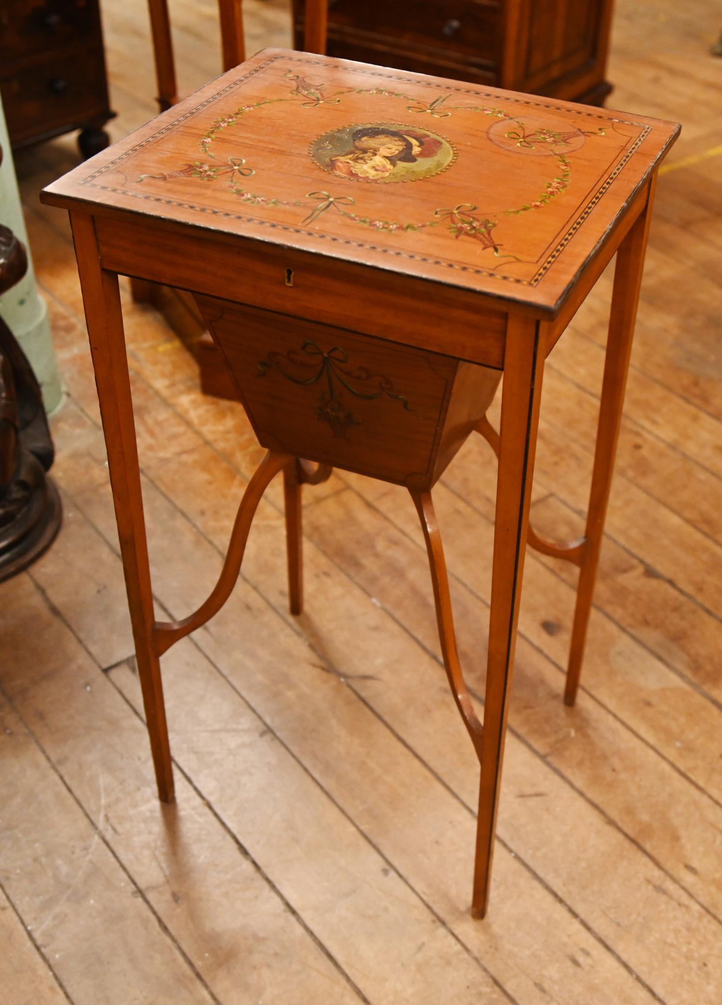 Painted Edwardian Work Box Side Table Satinwood 1910 For Sale 3