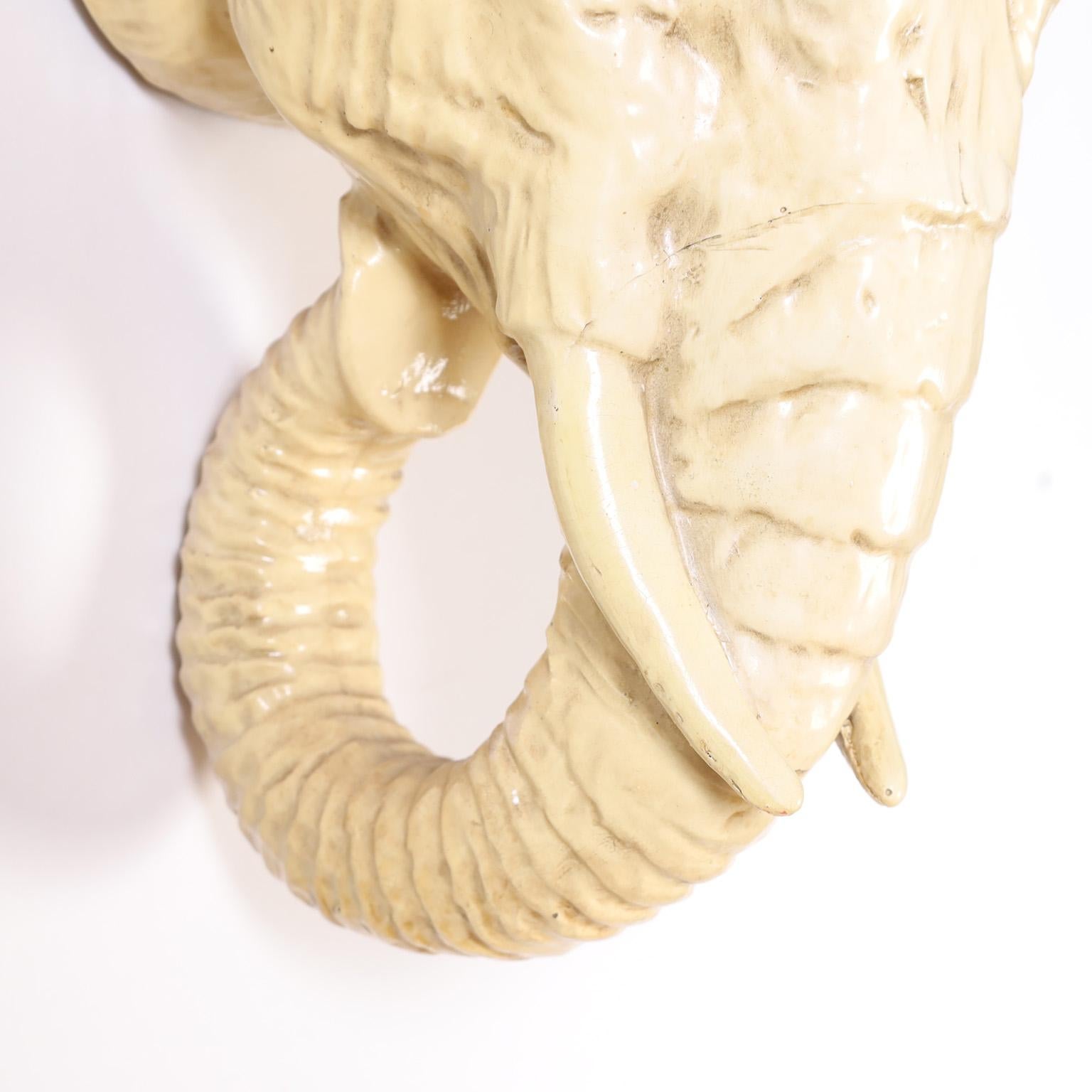 Enameled Painted Elephant Head Wall Sculpture For Sale
