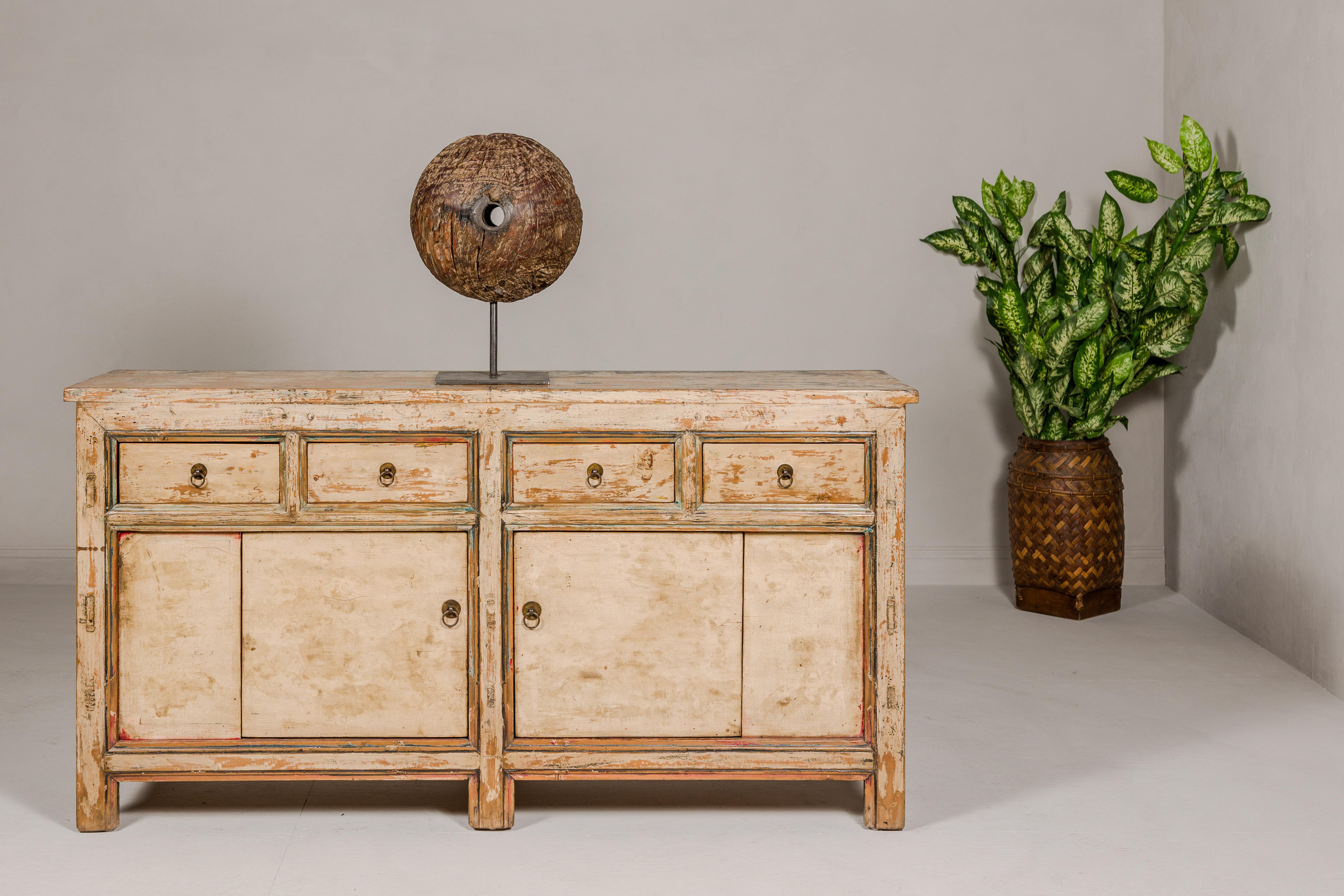 Painted Elm Rustic Sideboard with Two Doors, Four Drawers and Distressed Finish For Sale 5