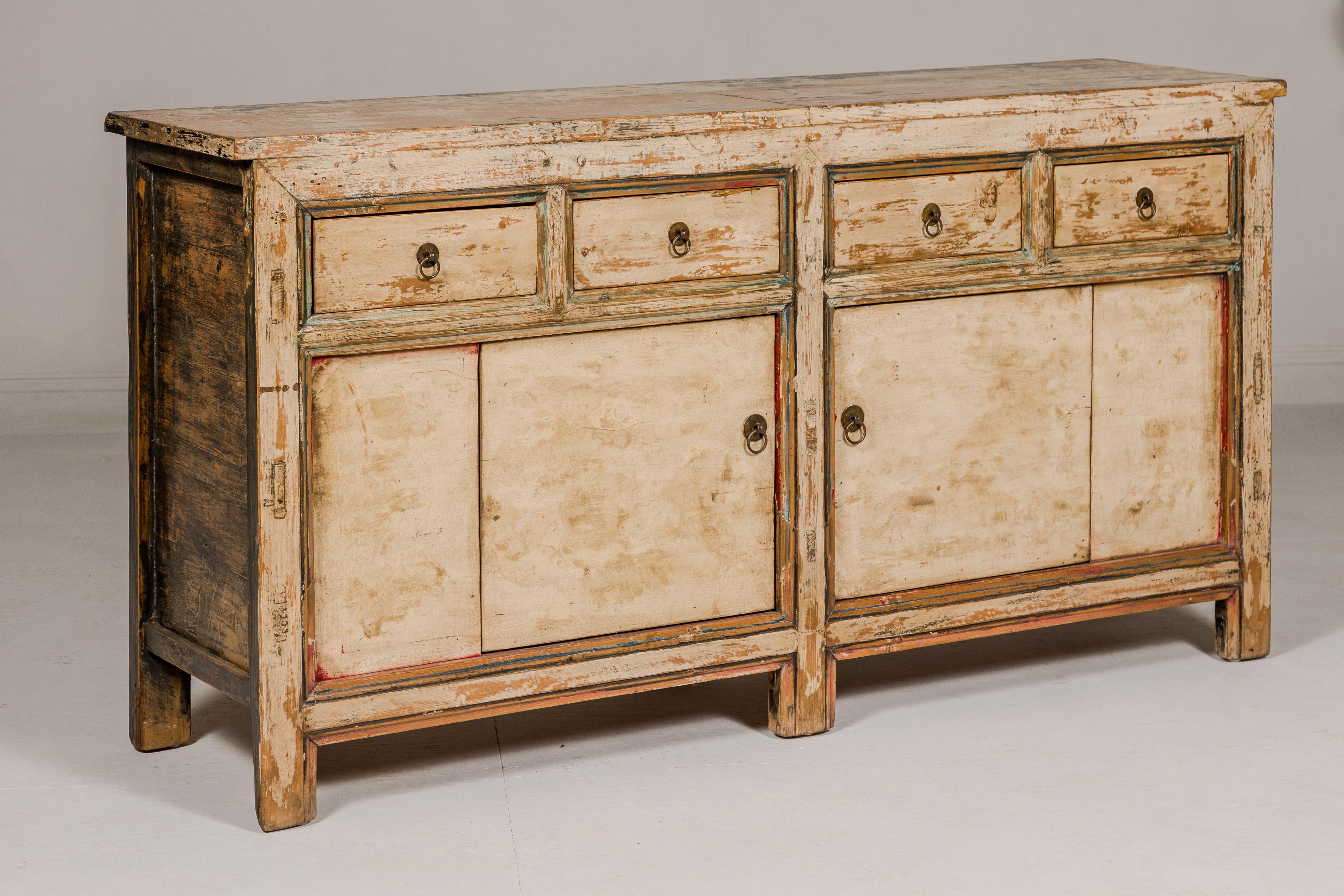 Painted Elm Rustic Sideboard with Two Doors, Four Drawers and Distressed Finish For Sale 6