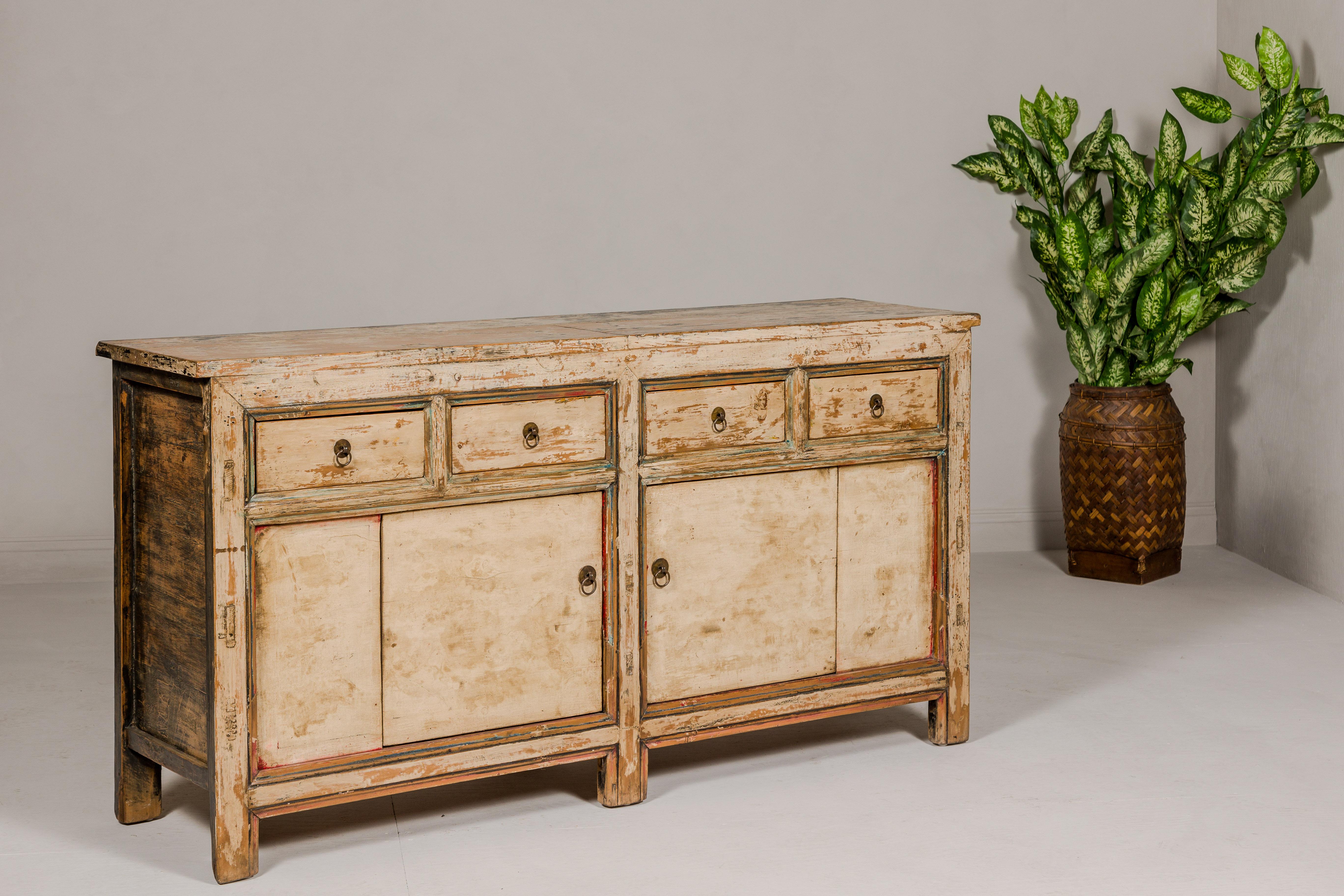 Painted Elm Rustic Sideboard with Two Doors, Four Drawers and Distressed Finish For Sale 7