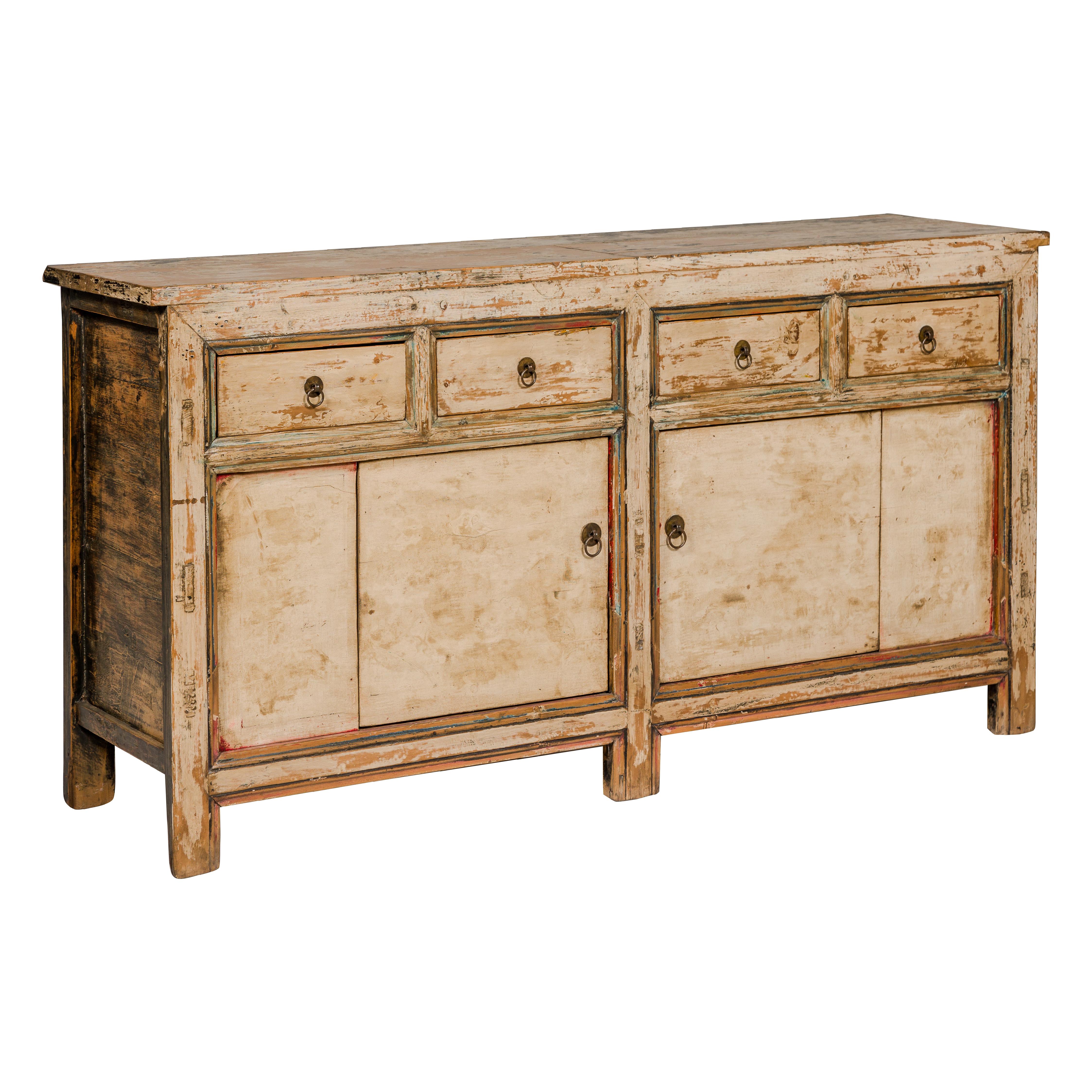 Painted Elm Rustic Sideboard with Two Doors, Four Drawers and Distressed Finish For Sale 15