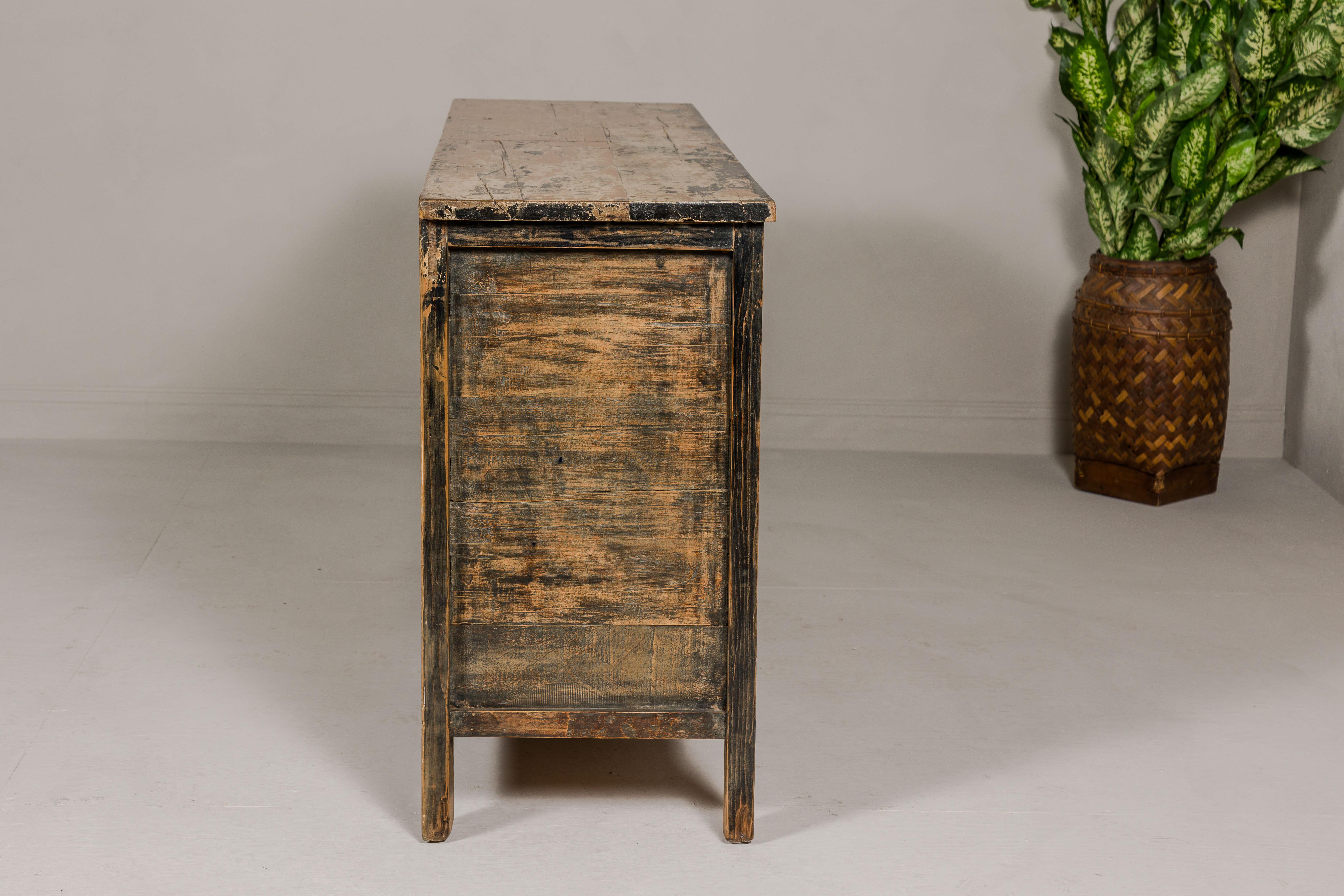 Painted Elm Rustic Sideboard with Two Doors, Four Drawers and Distressed Finish For Sale 14