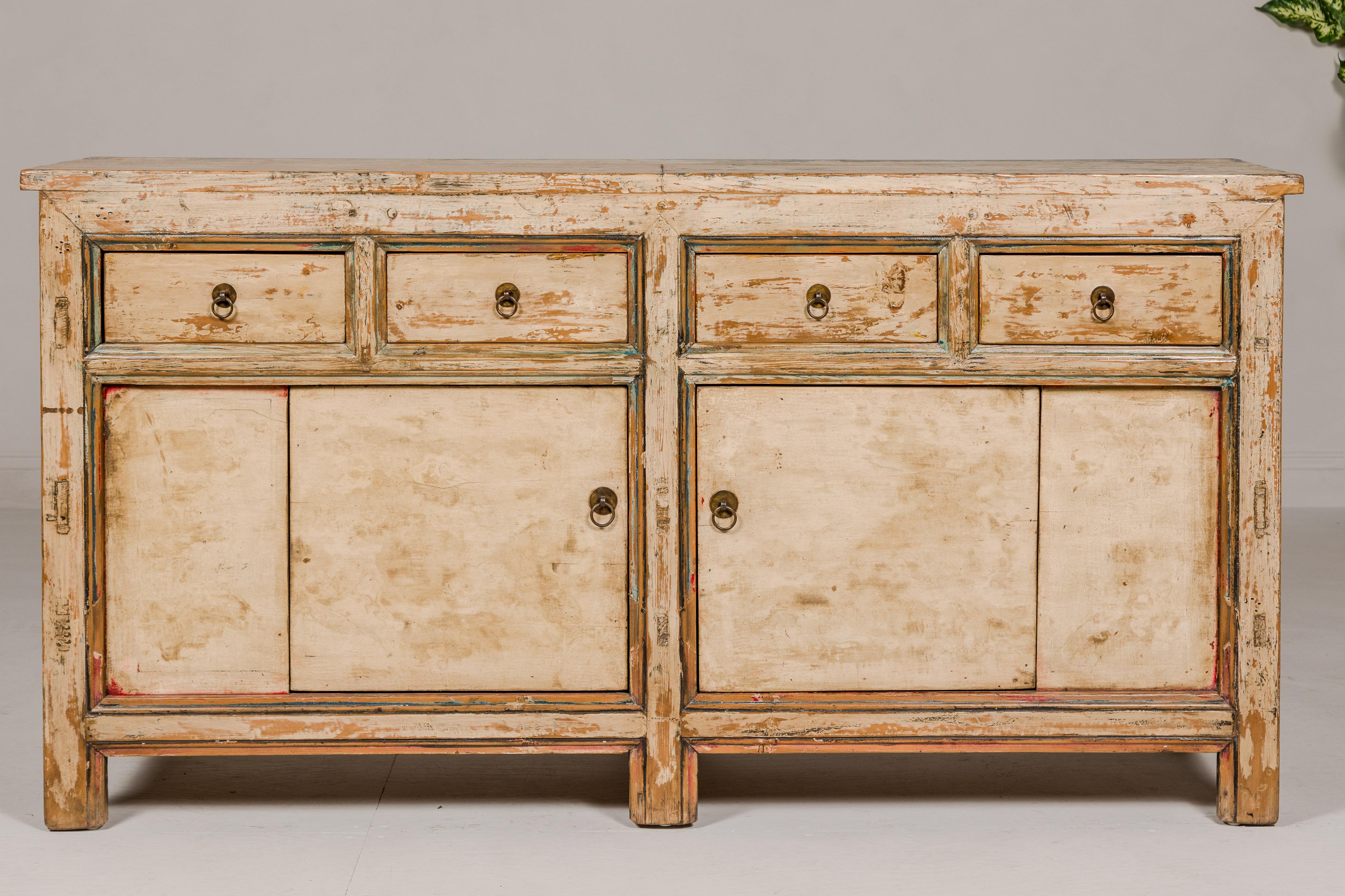 Chinese Painted Elm Rustic Sideboard with Two Doors, Four Drawers and Distressed Finish For Sale