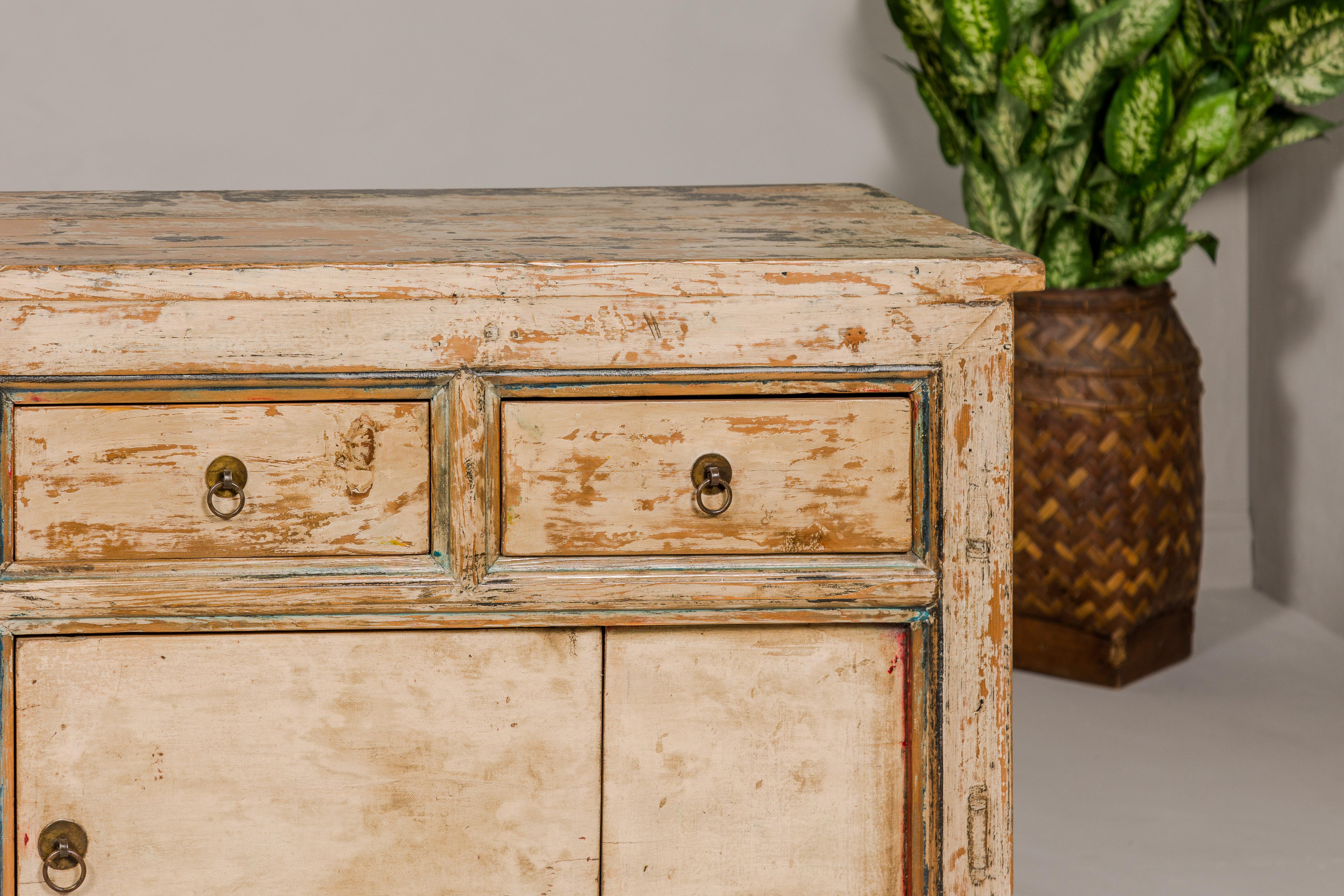 20th Century Painted Elm Rustic Sideboard with Two Doors, Four Drawers and Distressed Finish For Sale