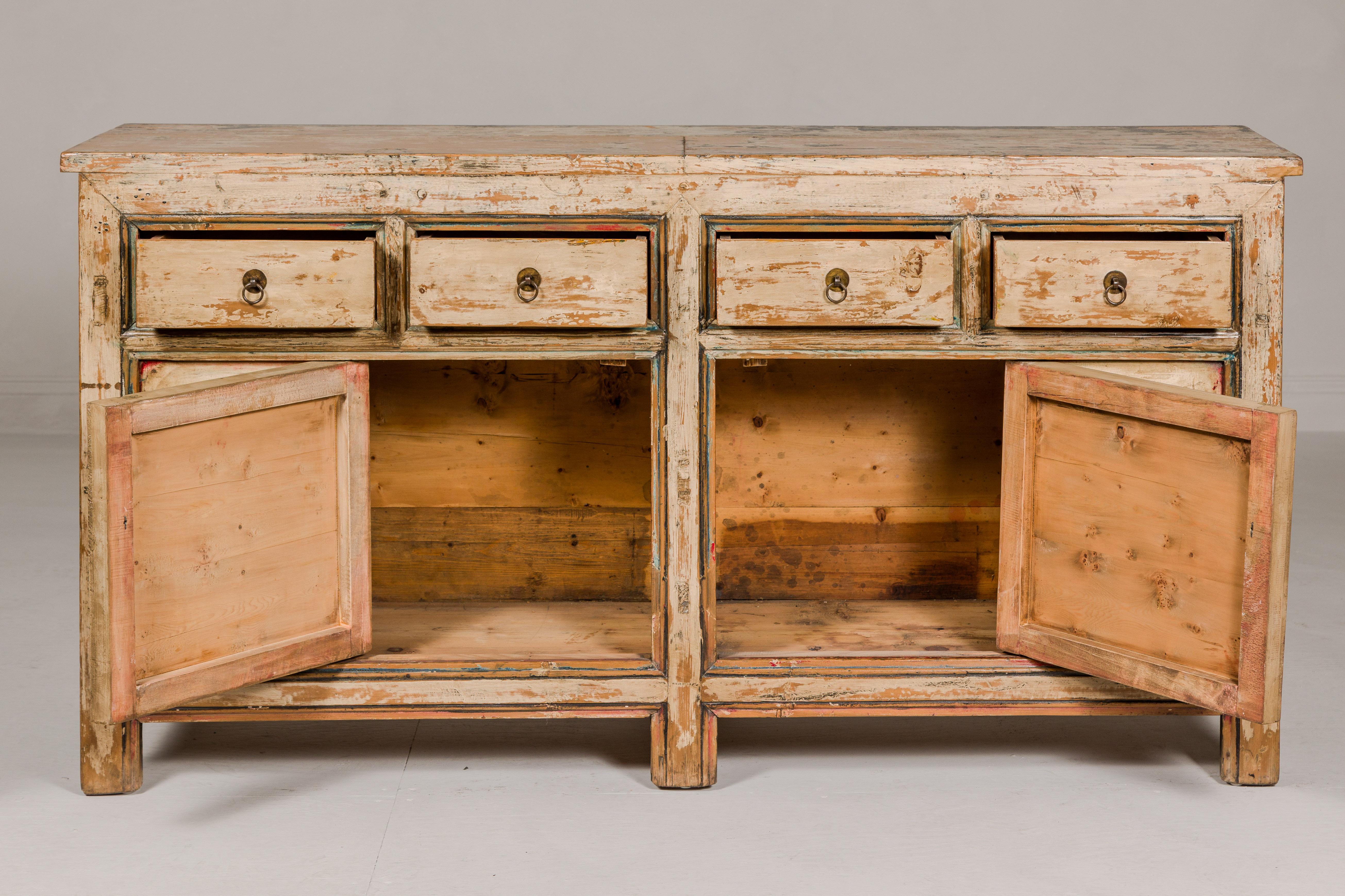 Painted Elm Rustic Sideboard with Two Doors, Four Drawers and Distressed Finish For Sale 3