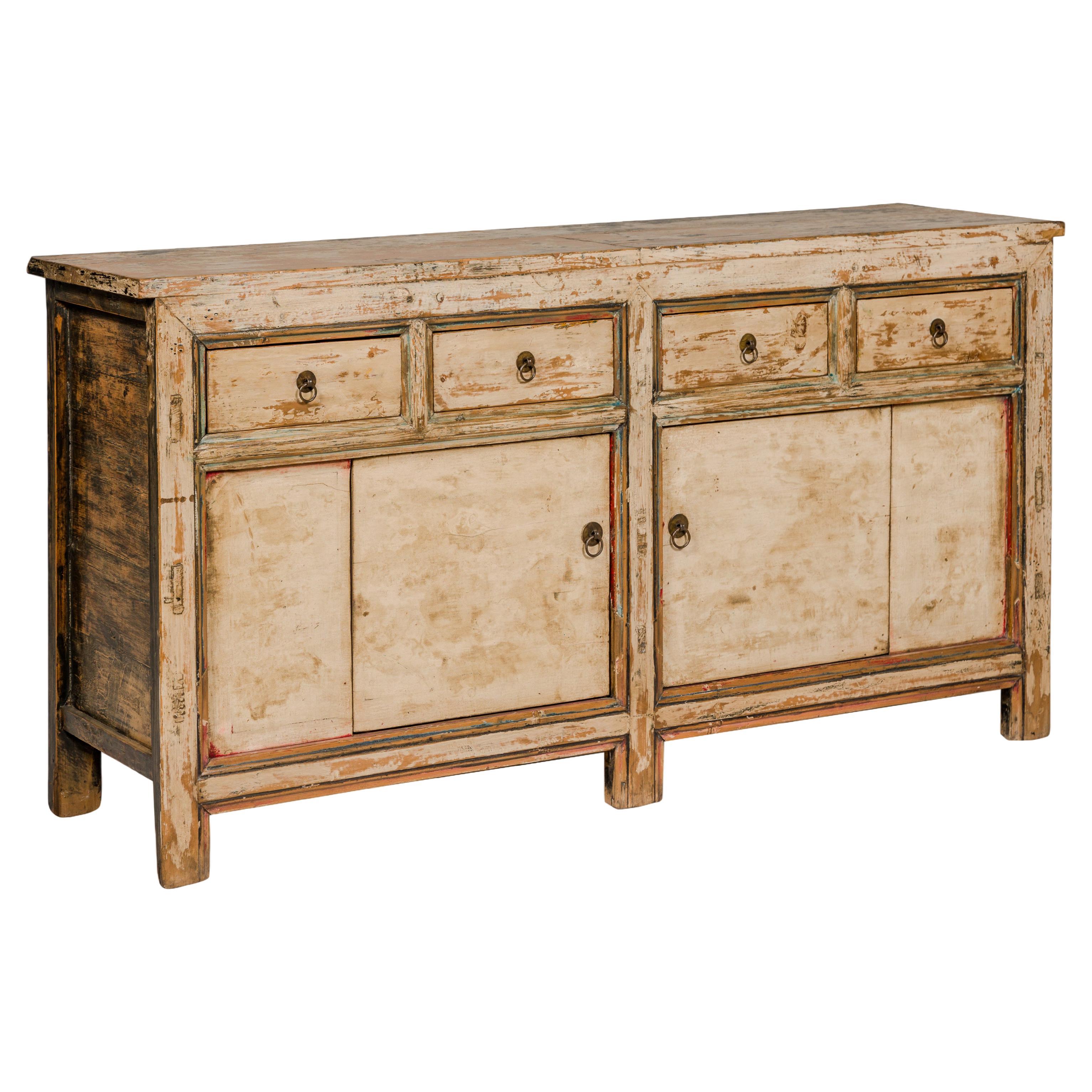 Painted Elm Rustic Sideboard with Two Doors, Four Drawers and Distressed Finish For Sale
