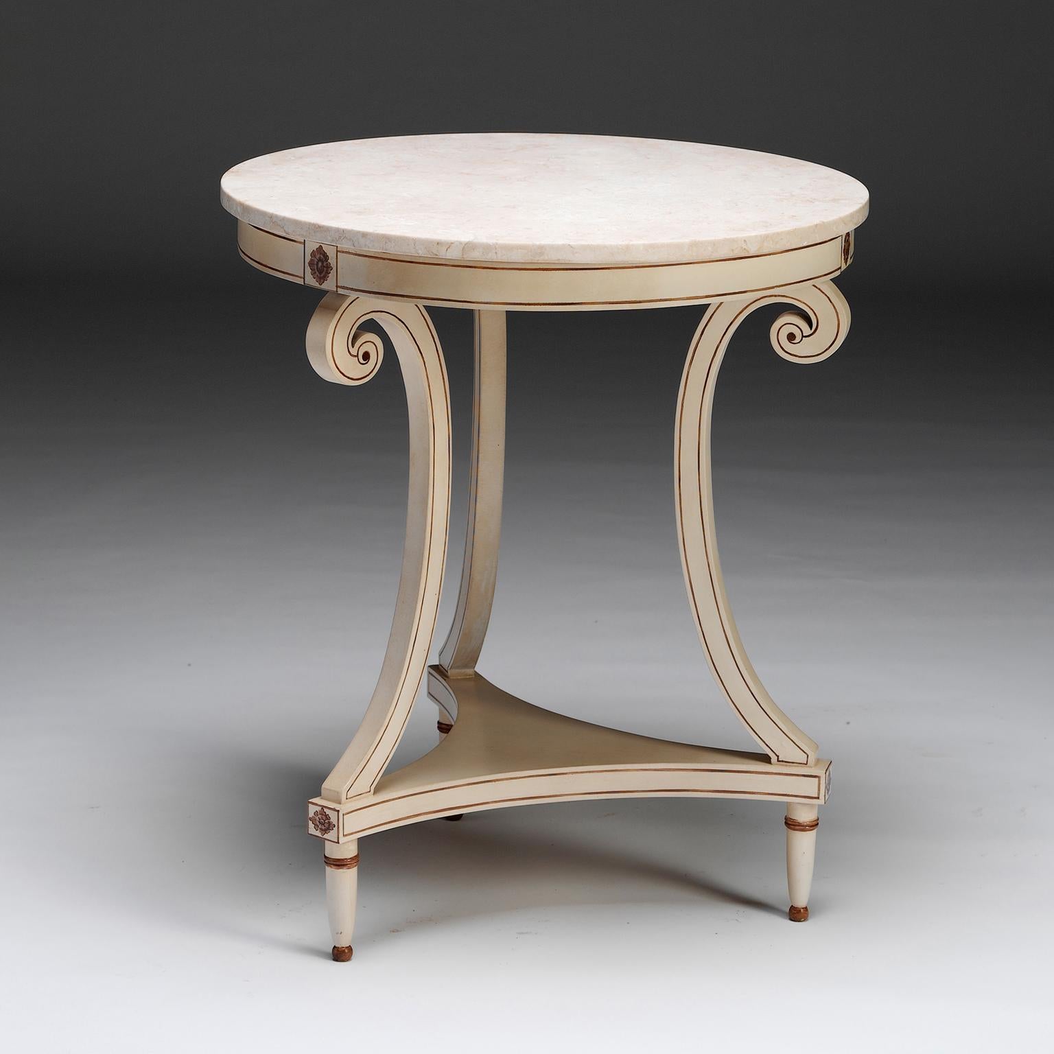 A Regency design circular marble topped painted and decorated centre/lamp table with elongated turned feet.

Bespoke sizing, design adaptations and finishing available.

We are currently working to a 30-36 week lead time.