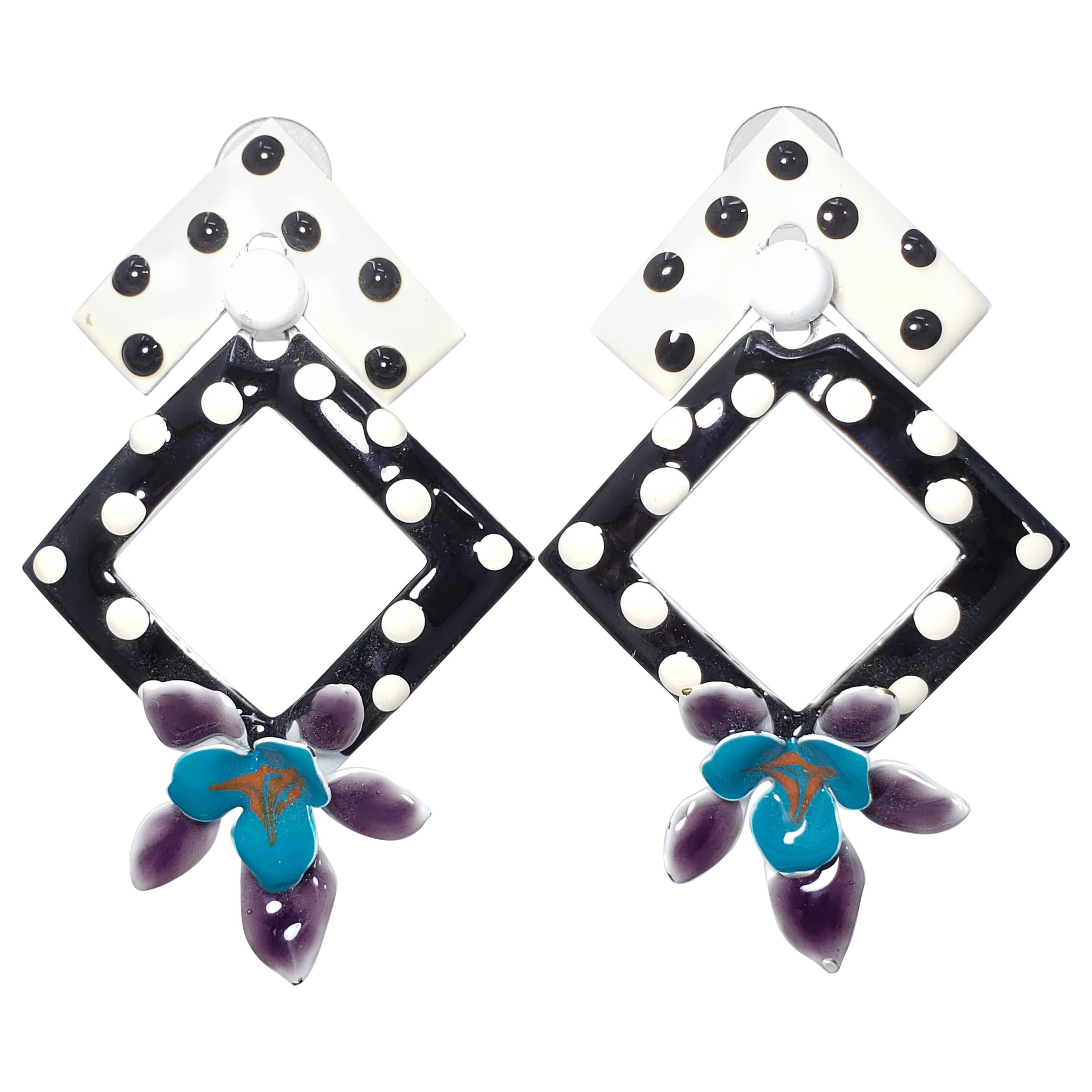 Painted Enamel Polka-Dot Flower Earrings, Post Backs, Black White Teal Purple For Sale